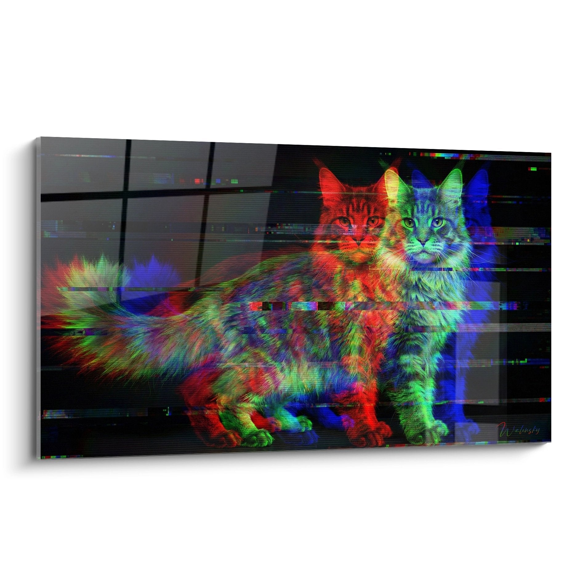 Wandbild Maine Coon Katze Glitch Art Effekt mehrfarbig rot grün blau moderne Dekoration