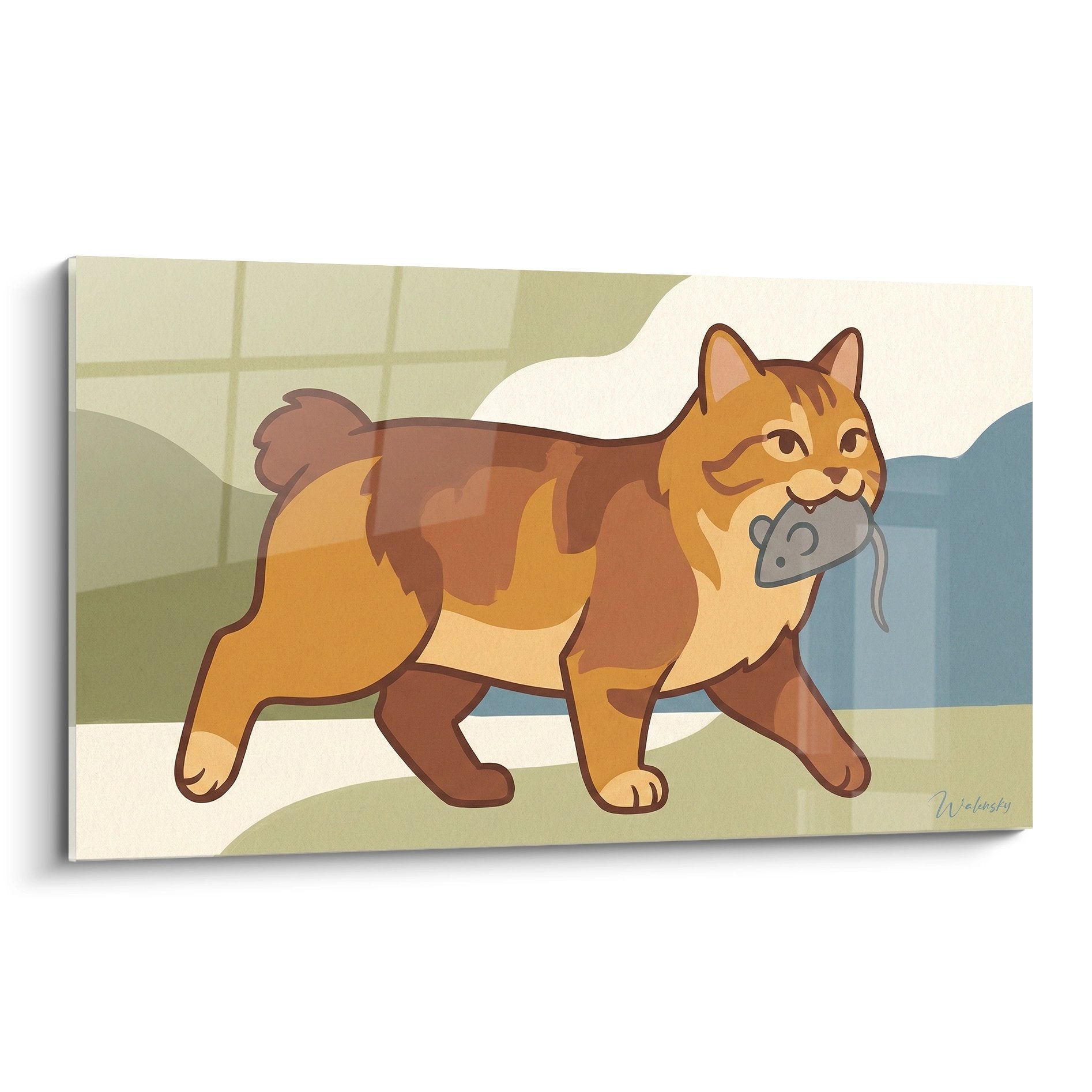 Tableau artistique chat American Bobtail roux tenant une souris dans un intérieur domestique, style contemporain