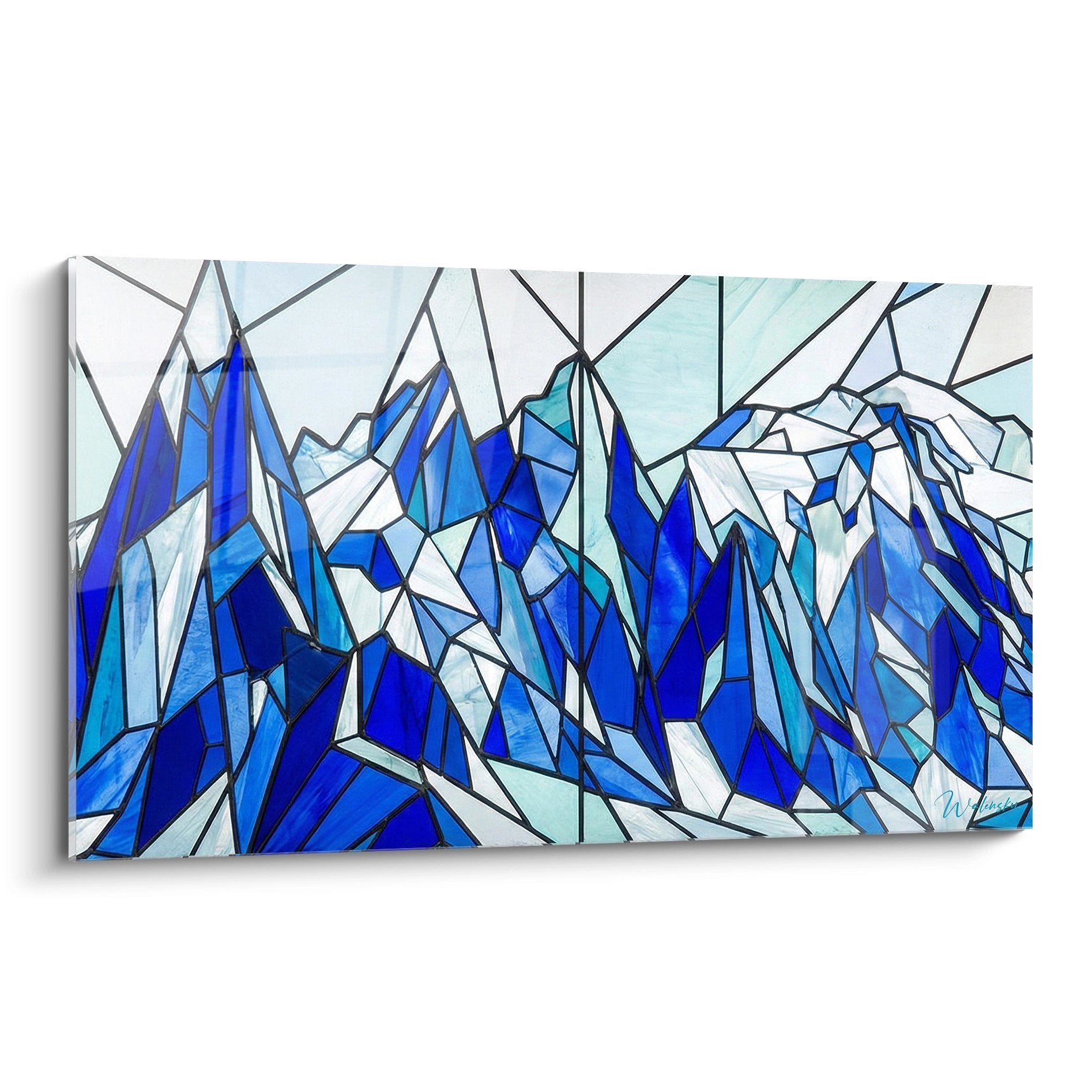 Abstract mountain artwork with blue ice crystals and geometric shapes in modern stained glass style