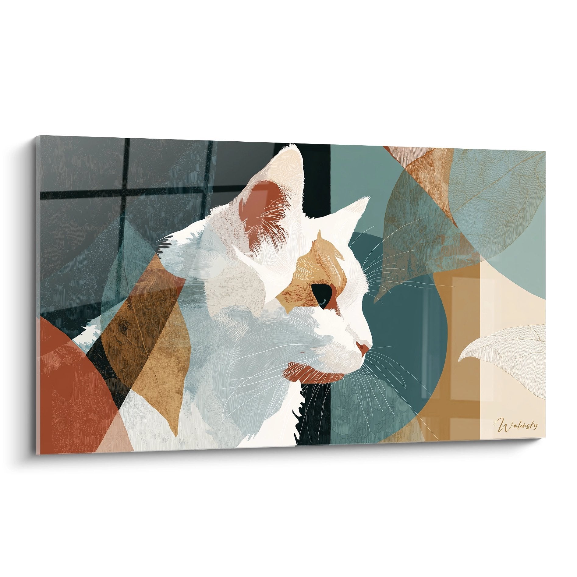 Tableau moderne chat Turkish Van blanc profil formes geometriques colorees art mural contemporain