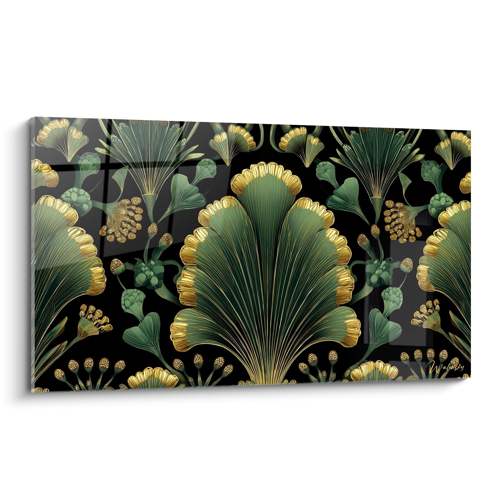 Art deco wall art with golden floral patterns on black background with green foliage and golden berries 1920s style