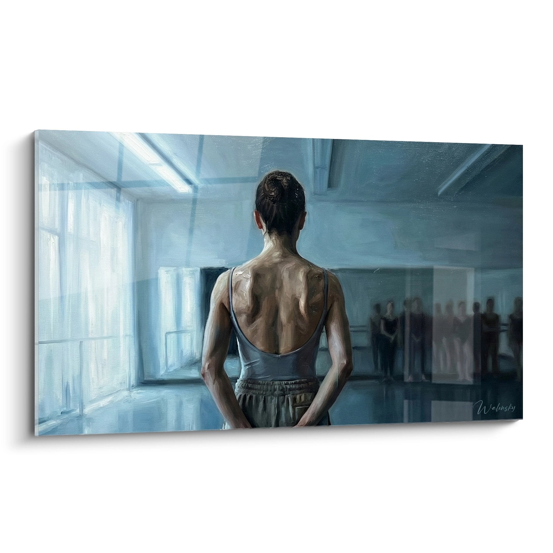 Quadro moderno ballerina di danza classica vista di spalle in studio luminoso con grandi finestre