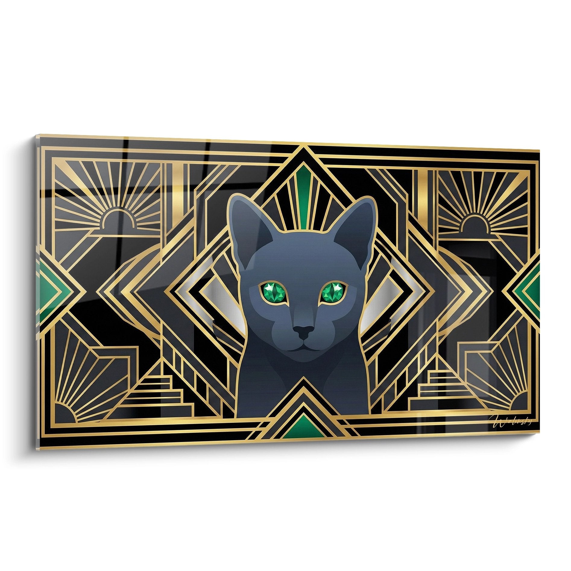 Quadro gatto Russian Blue con occhi verdi in stile Art Déco con motivi geometrici dorati su elegante sfondo nero