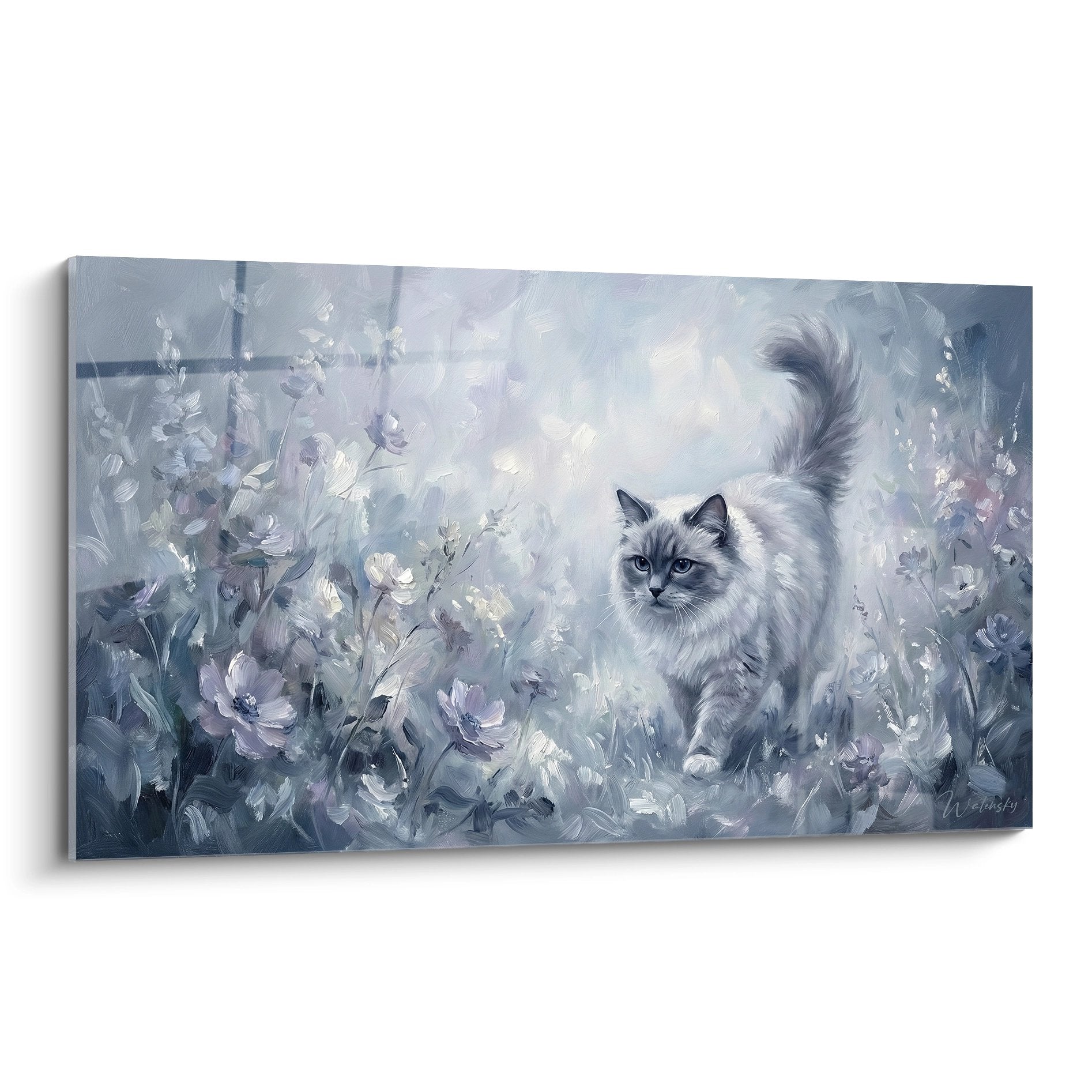 Quadro artistico gatto Ragdoll con occhi blu in giardino fiorito con tonalità pastello per decorazione murale