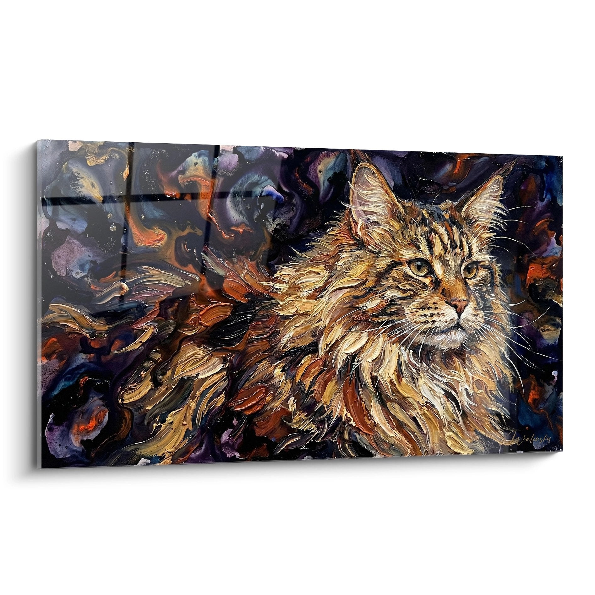 Quadro artistico Maine Coon espressionista con colori cosmici viola e oro su tela decorativa