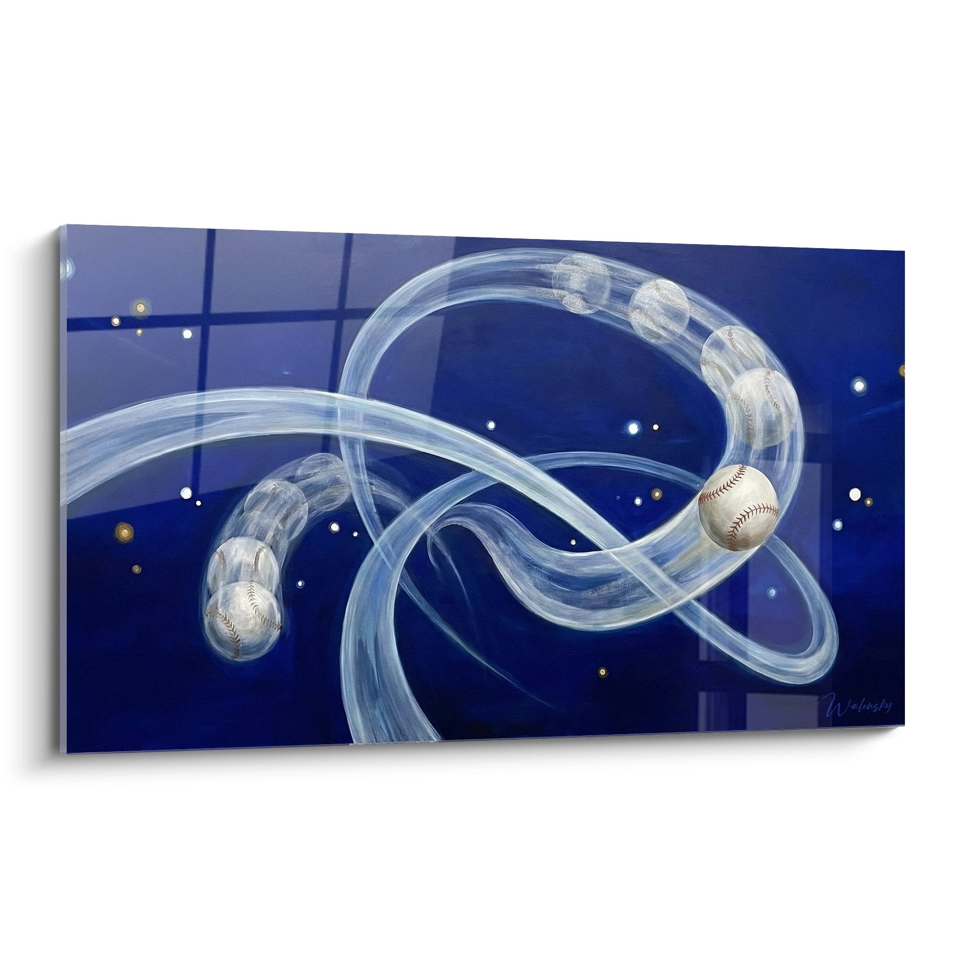 Tableau art mural baseball cosmique avec balles flottantes sur trajectoires lumineuses fond etoile bleu