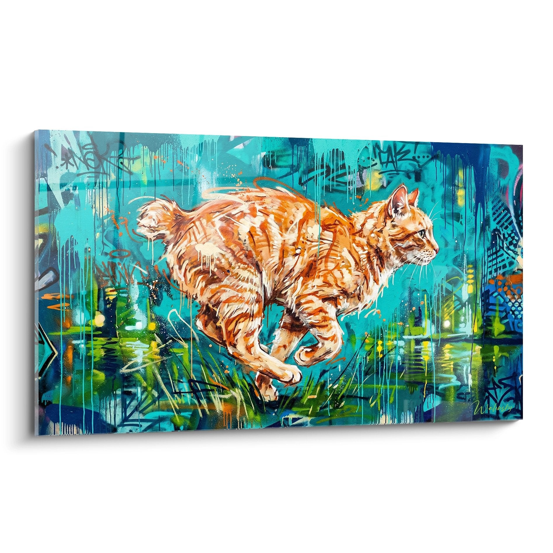 Quadro street art che raffigura un gatto arancione che salta su sfondo turchese con graffiti in stile urbano moderno
