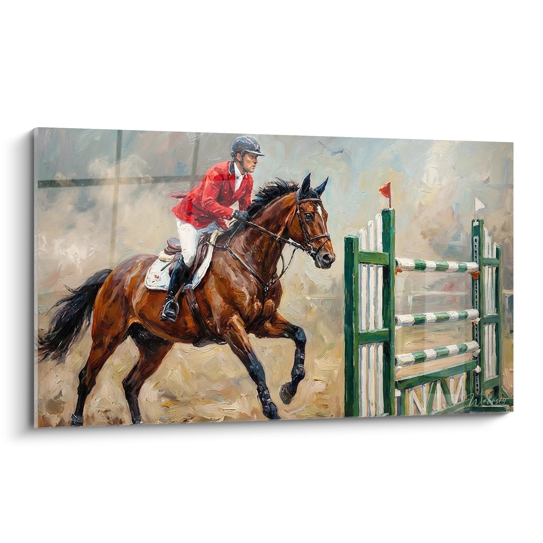 Quadro pittura salto ostacoli equestre cavaliere giubbetto rosso cavallo baio che salta barriera verde competizione