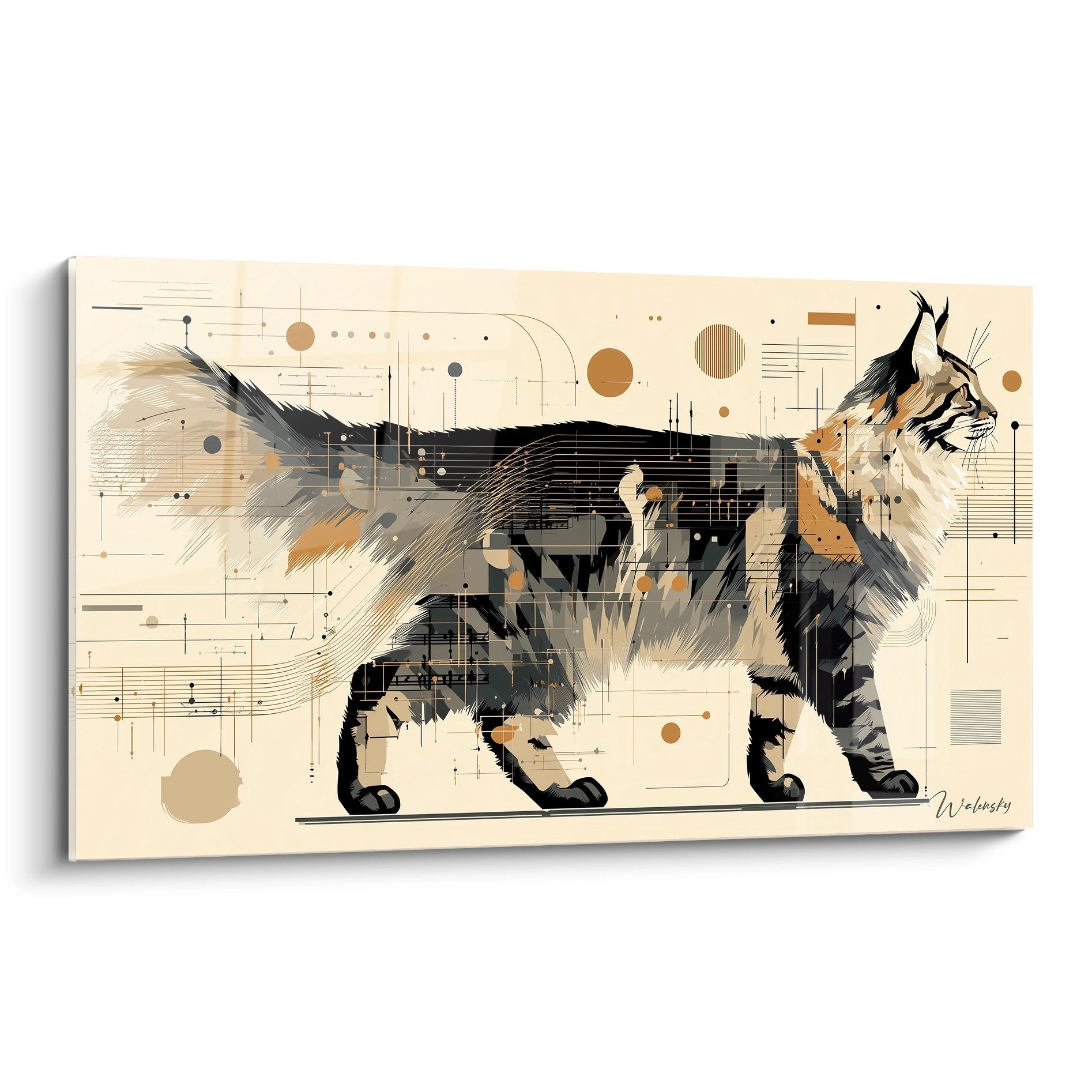 Modernes Gemälde einer Maine-Coon-Katze in abstrakter digitaler Kunst mit geometrischen Elementen auf vintage beige Hintergrund