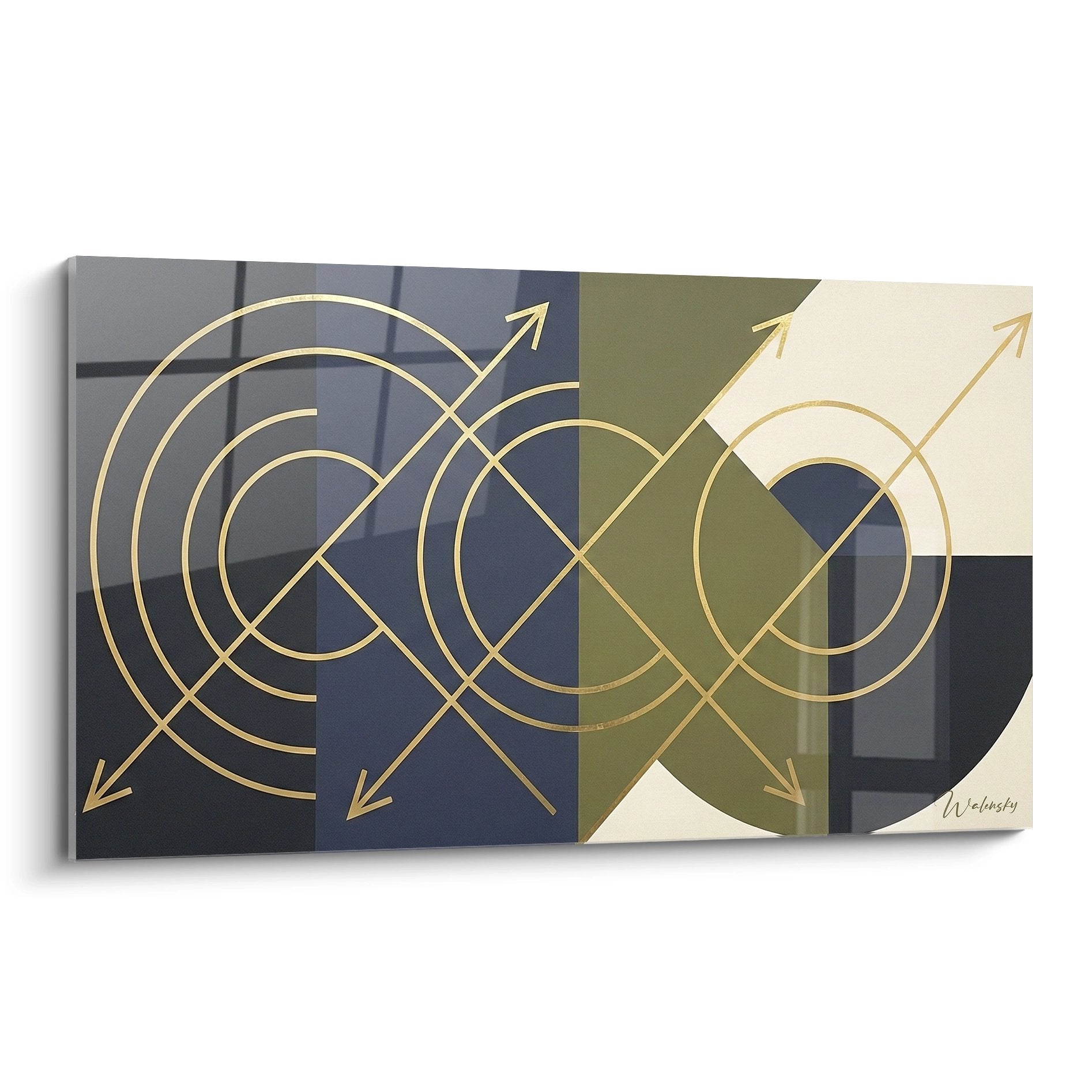 Tableau geometrique abstrait aux lignes dorees sur fond bleu et vert, style moderne contemporain