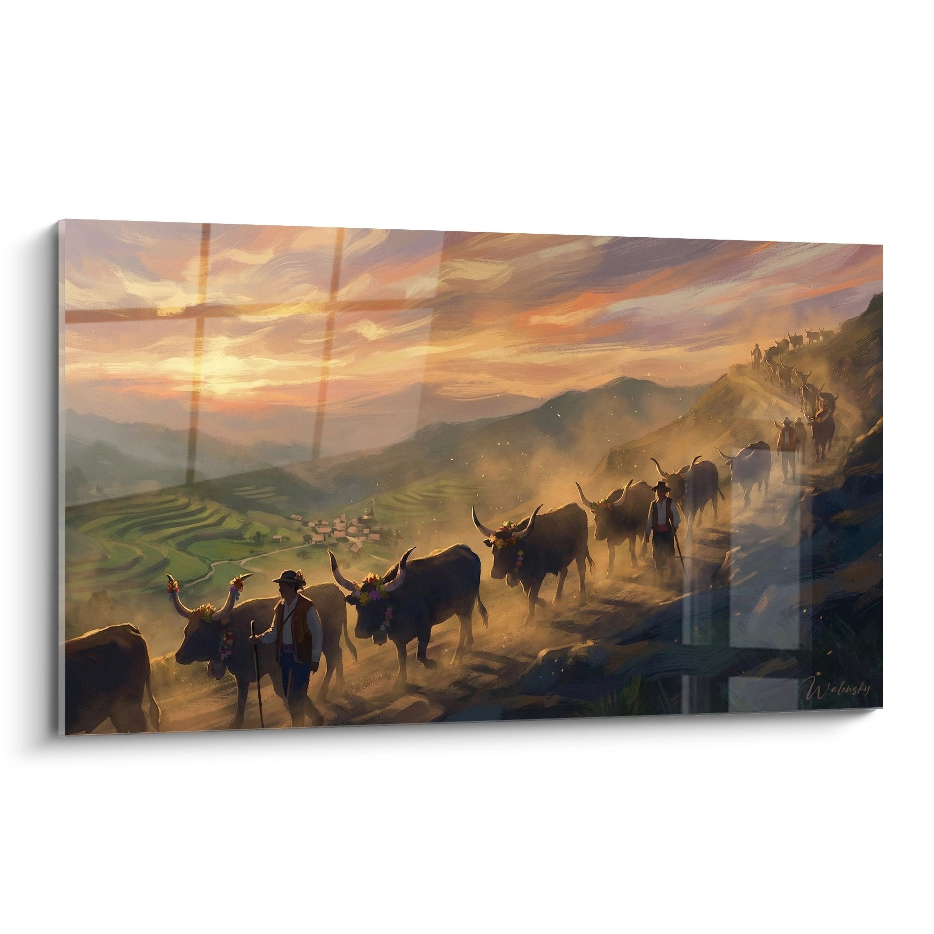 Quadro pastori che guidano mandria di yak montagna alpina tramonto paesaggio pastorale tradizionale