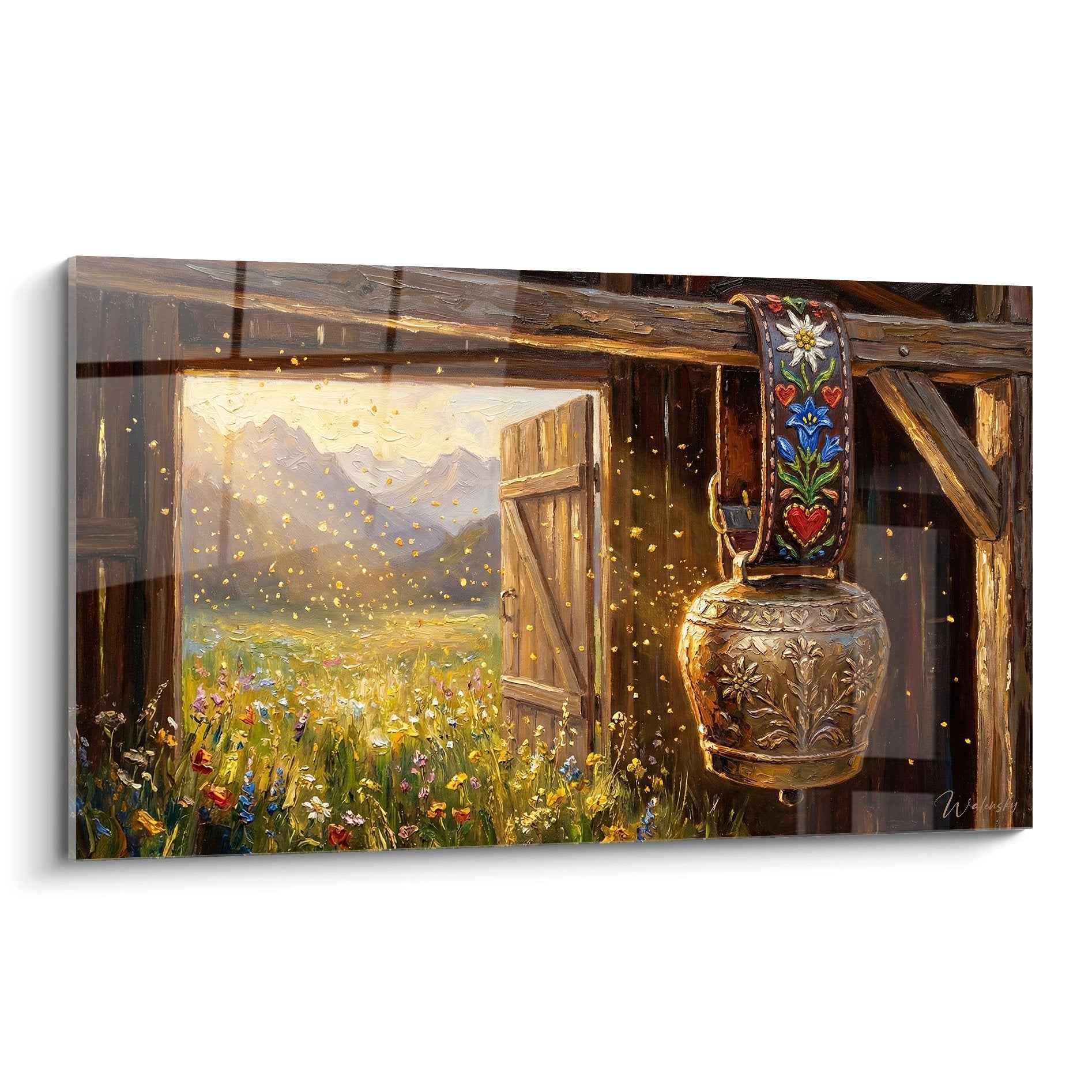 Quadro di baita alpina con finestra aperta su prato fiorito e montagne, decorazione rustica autentica