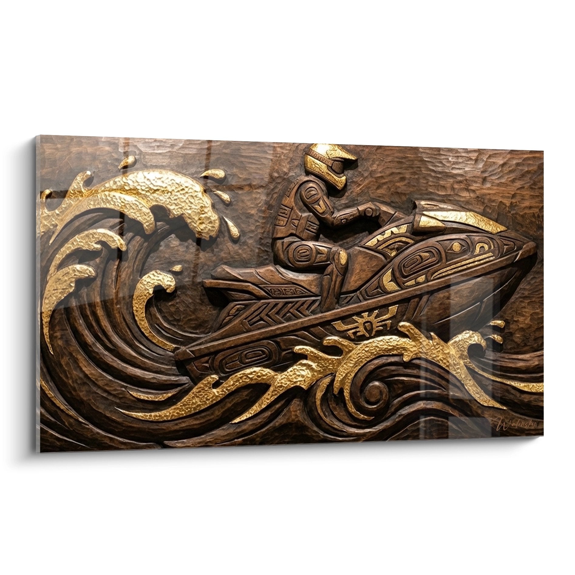 Wall art featuring a jet ski sculpted in tribal style with golden waves on wooden background