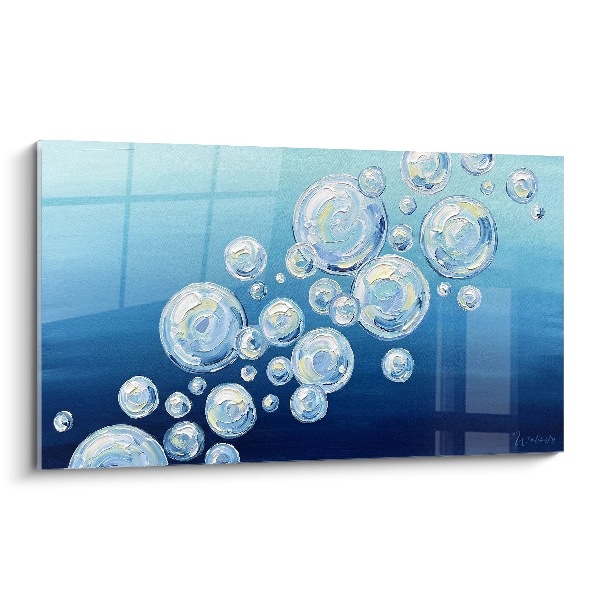 Tableau artistique representant des bulles d air translucides remontant dans l eau bleue style plongee sous marine