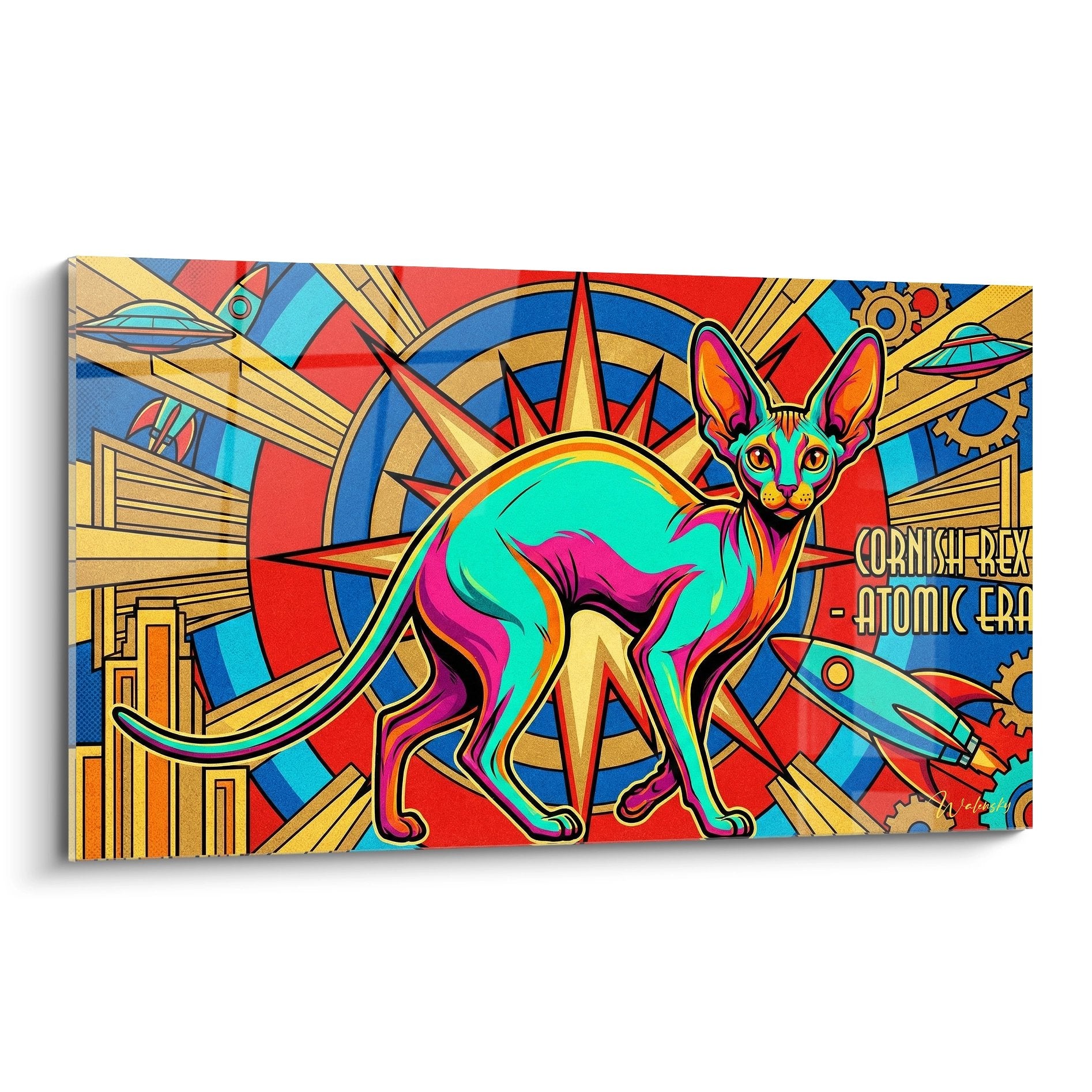Quadro murale gatto Cornish Rex colorato stile art déco atomico con raggi dorati e forme geometriche
