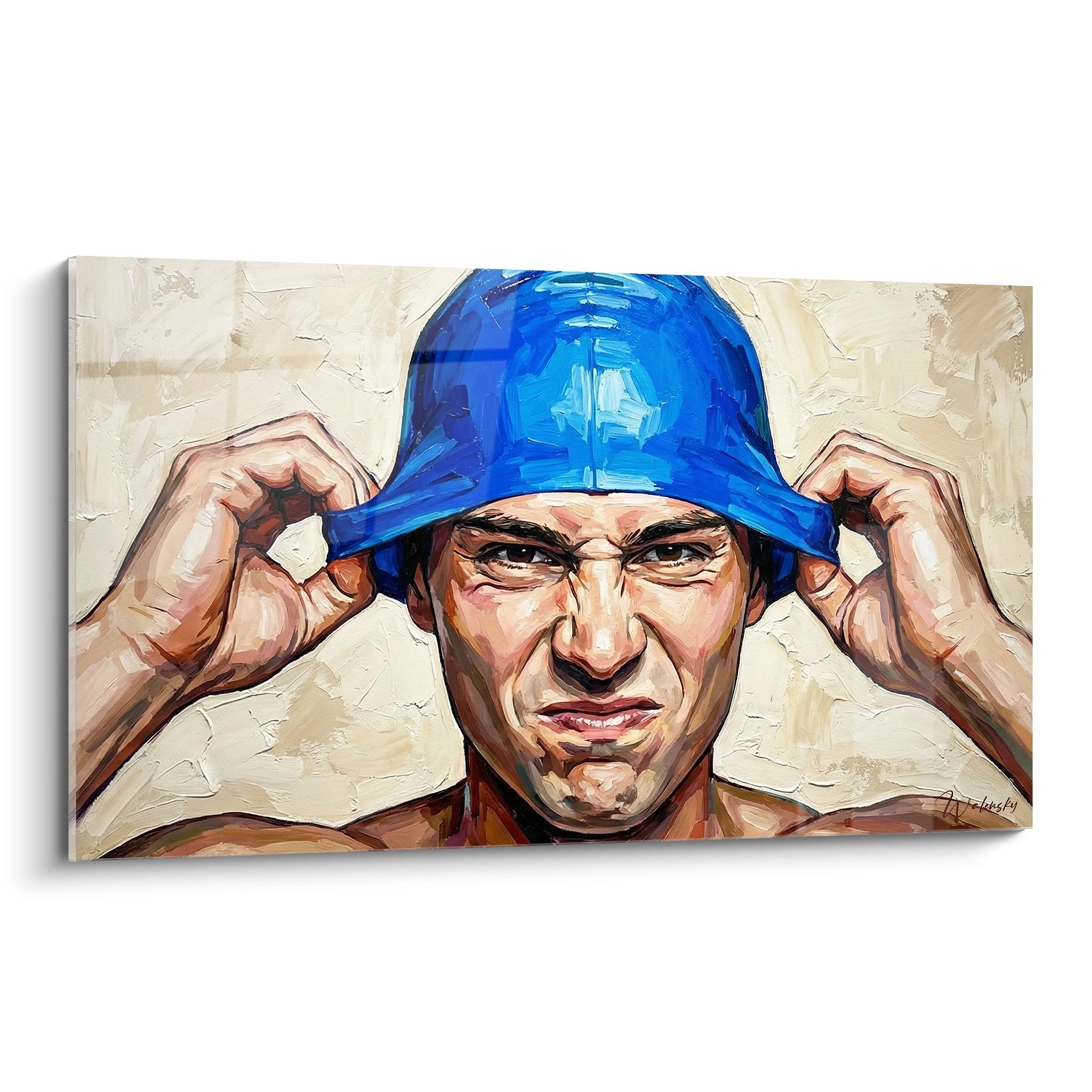 Tableau portrait d'un nageur concentré ajustant son bonnet bleu, art mural natation style moderne