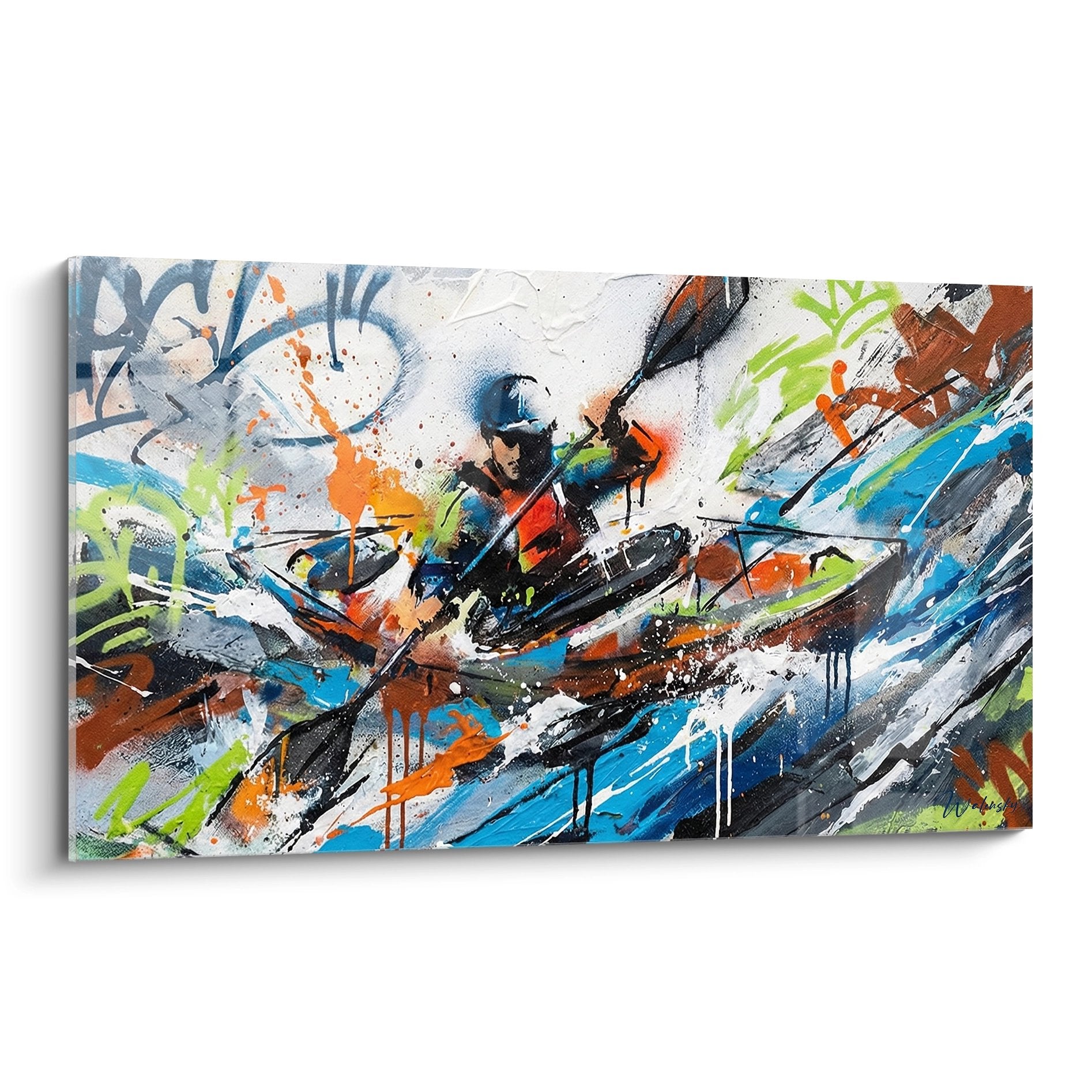 Abstract kayak painting with vibrant blue orange green colors, modern wall art for home decor