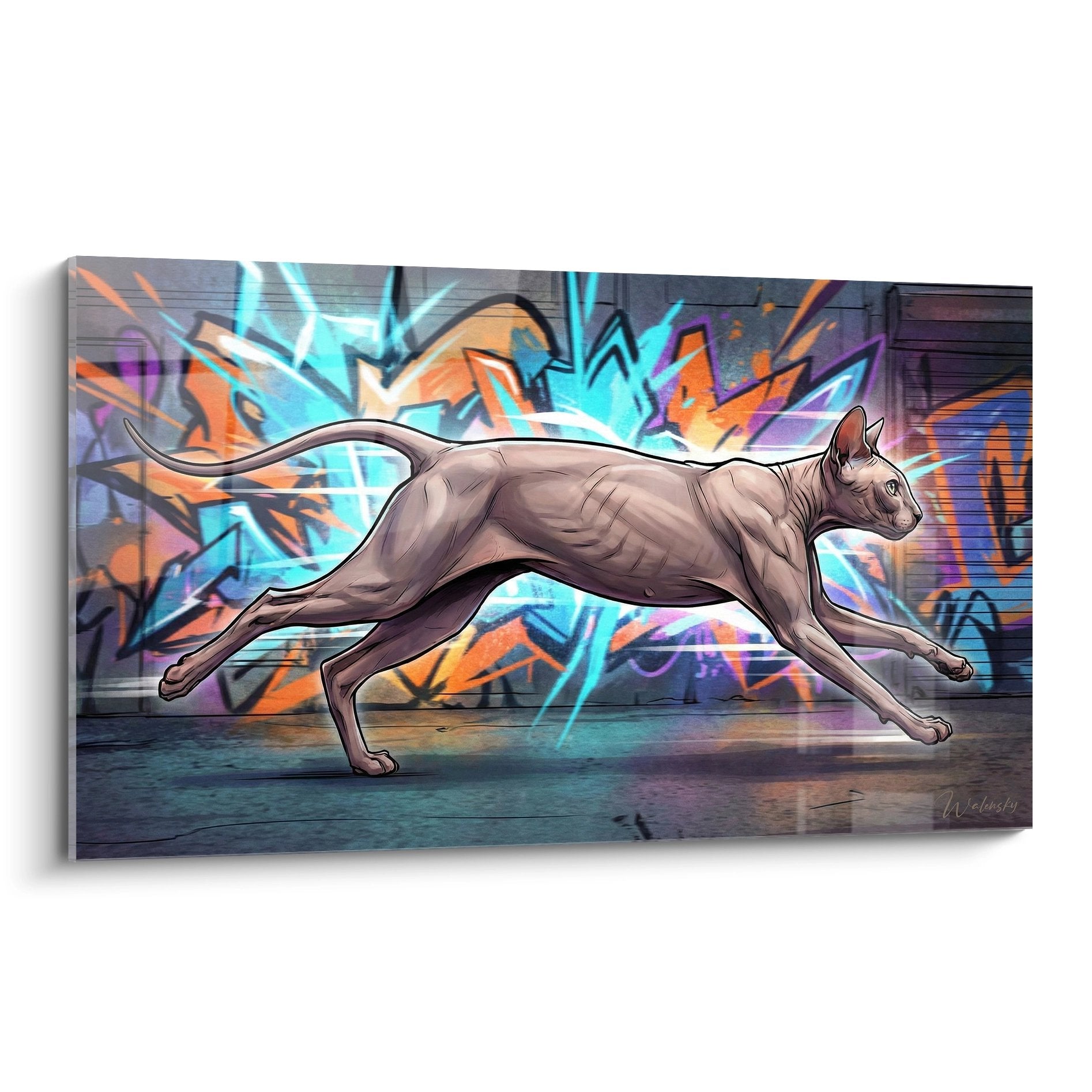 Quadro di arte urbana che mostra un gatto Peterbald in corsa davanti a un muro di graffiti colorati turchese e arancione
