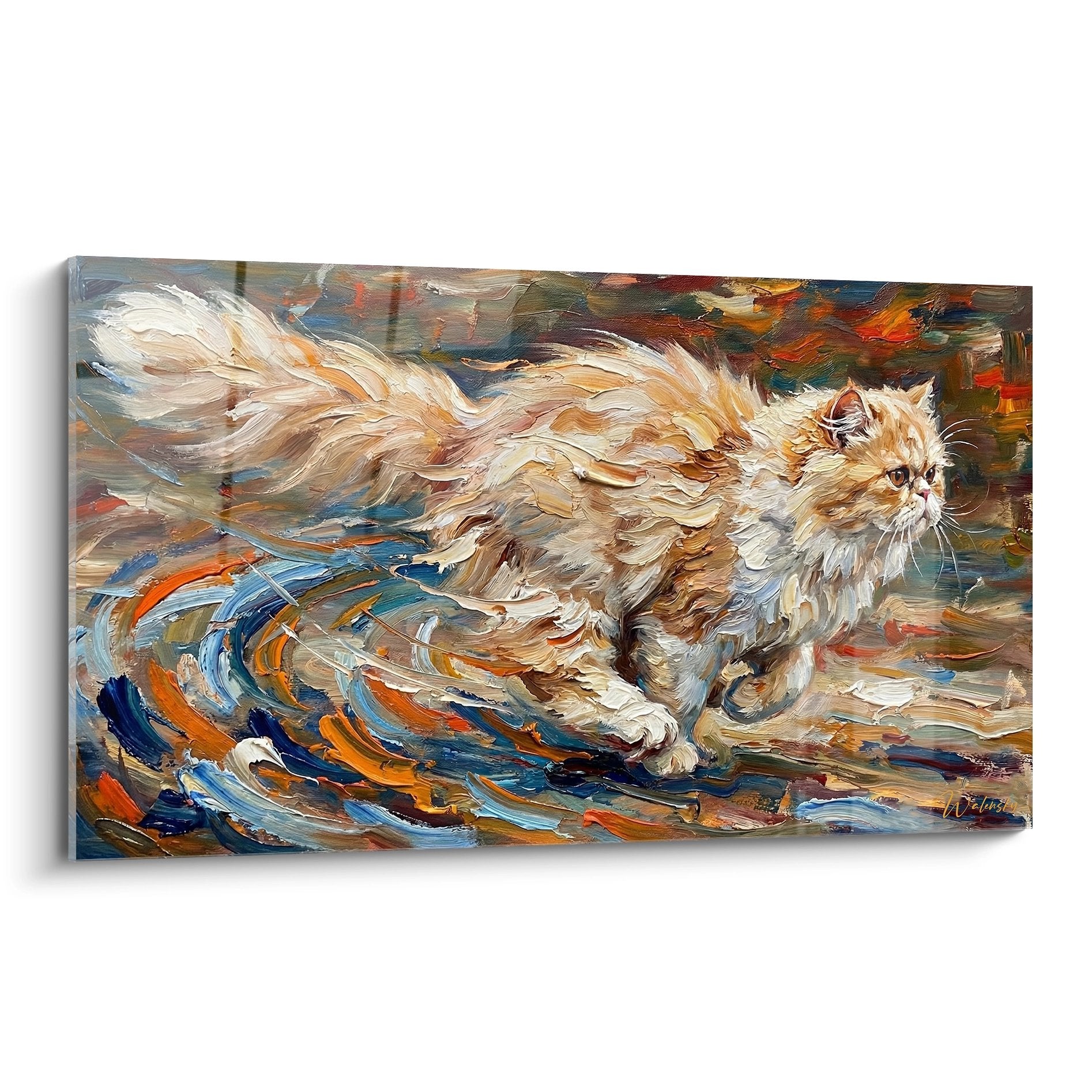 Expressionist painting of a long-haired Persian cat in swirls of vibrant orange and blue colors