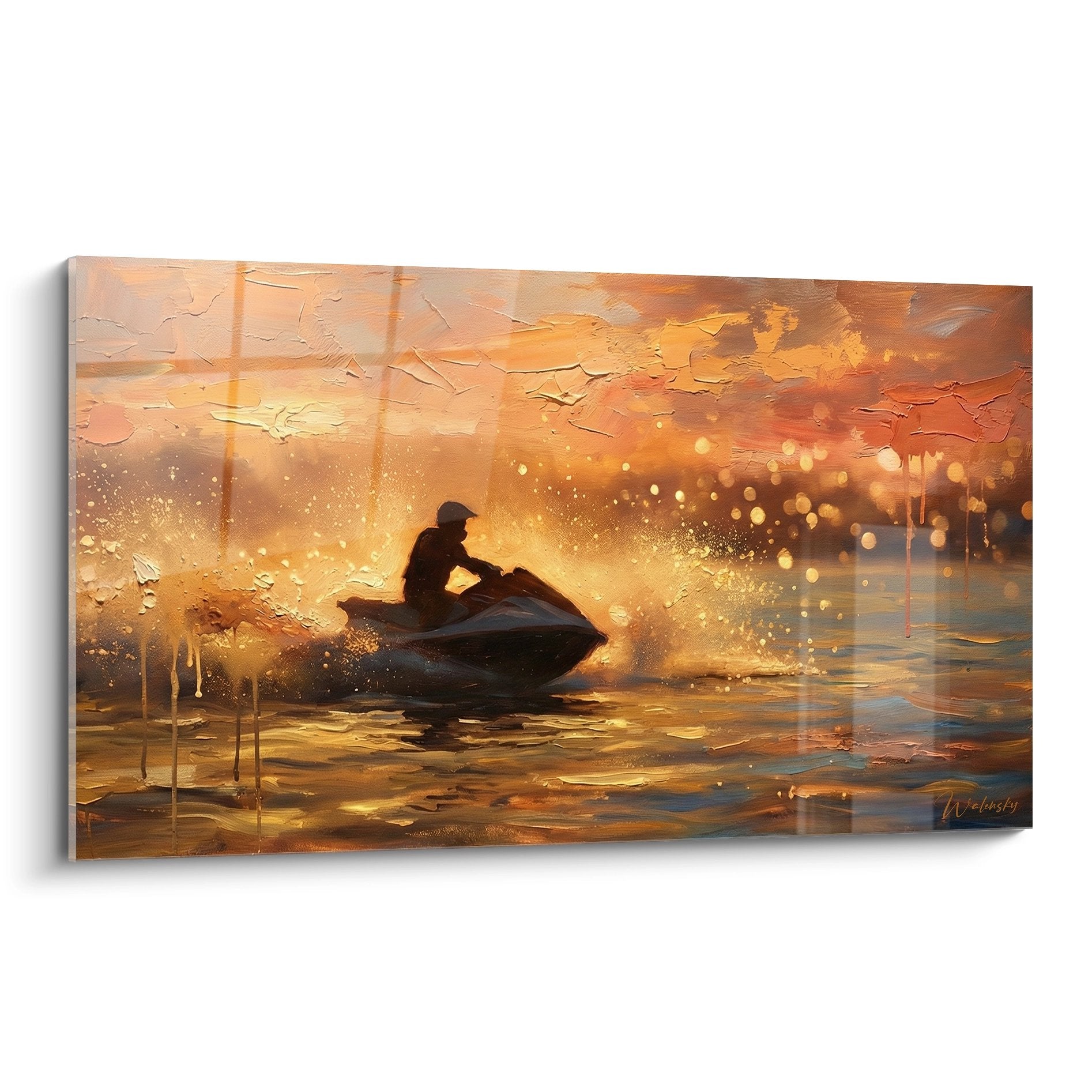 Tableau jetski coucher de soleil tons dores pilote sport nautique gerbes eau cristallines art mural