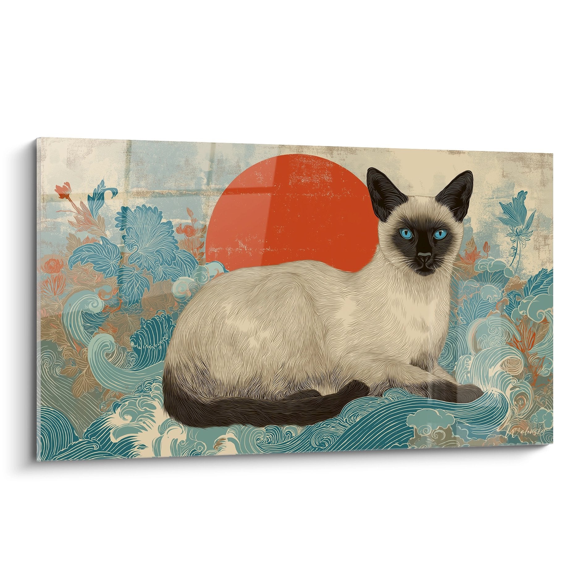 Quadro decorativo gatto siamese occhi blu su onde giapponesi con sole rosso stile stampa orientale