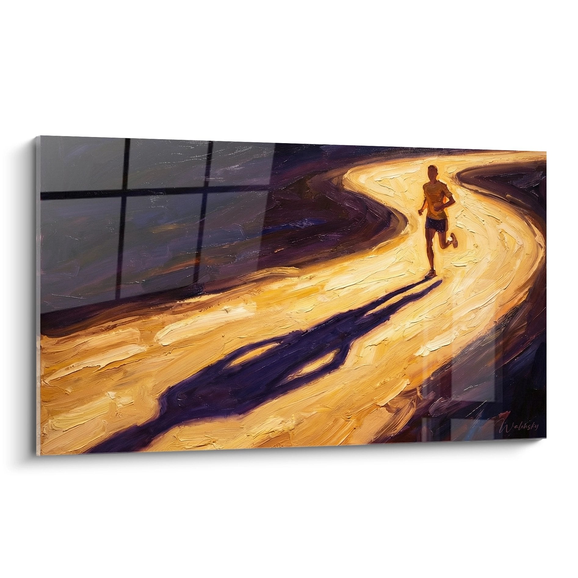 Tableau moderne d'un coureur solitaire sur chemin doré, art mural course à pied décoratif
