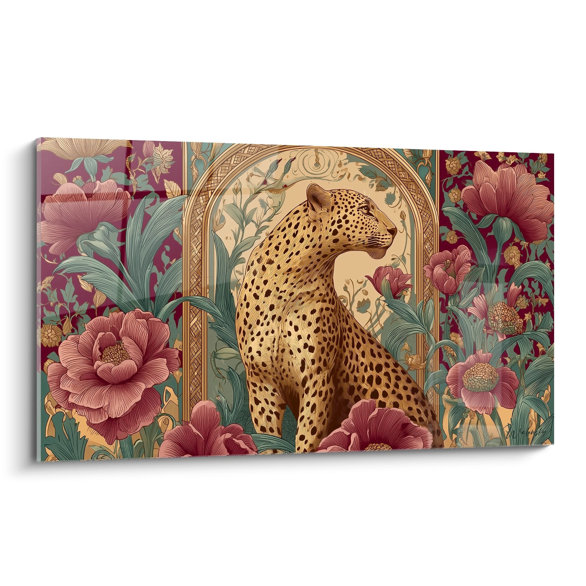 Quadro art déco leopardo dorato circondato da peonie rosa su sfondo bordeaux con medaglione ornamentale
