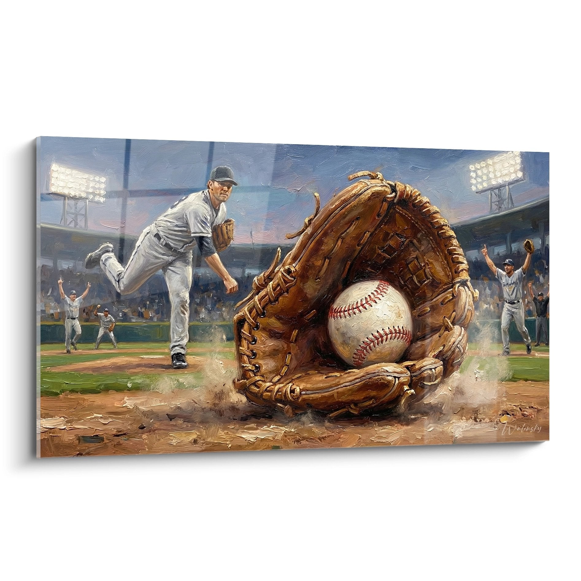 Tableau mural gant de baseball géant en cuir avec balle au premier plan et match de baseball en arrière-plan dans stade