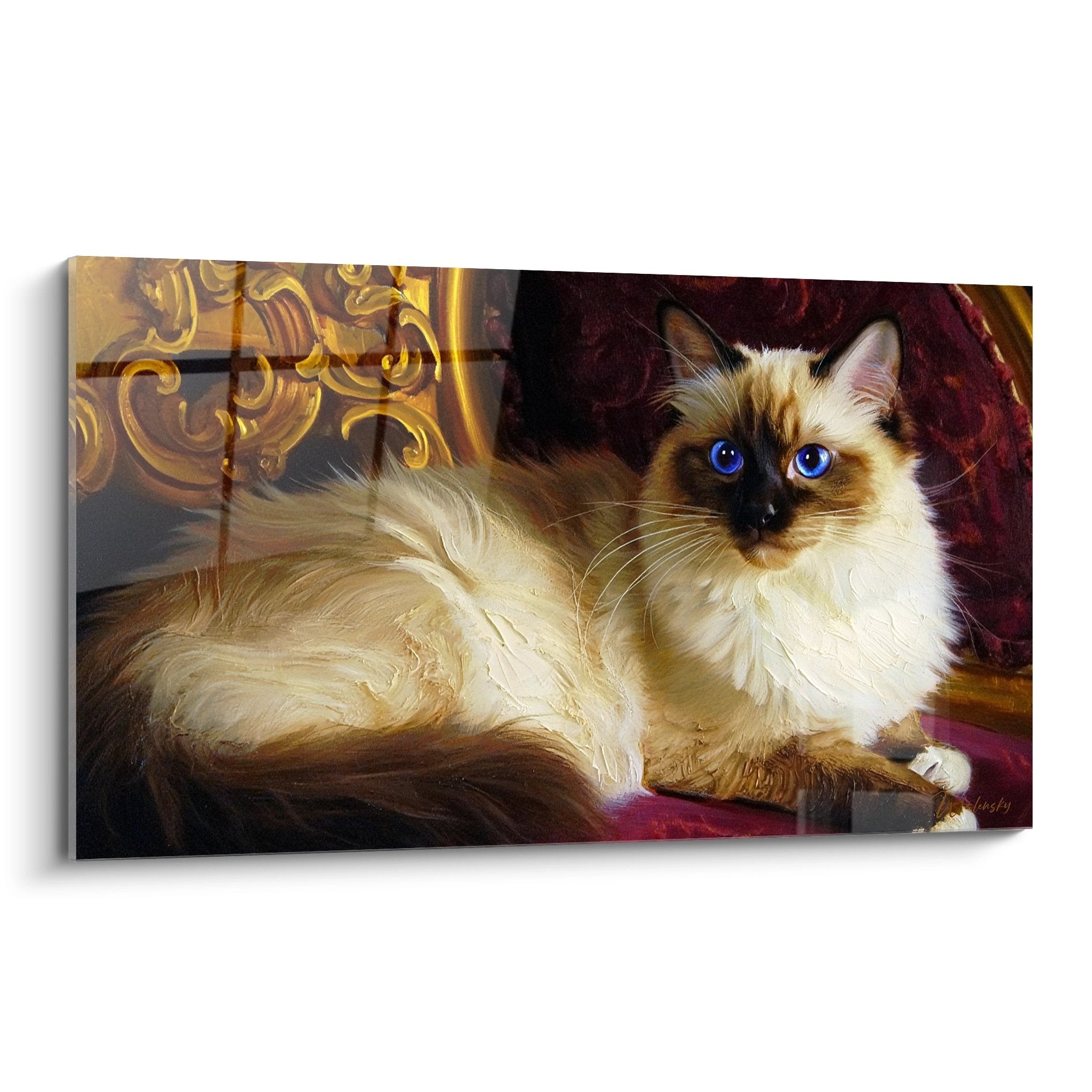 Quadro gatto birmano con occhi blu su velluto rosso con ornamenti dorati, arte felina aristocratica per la decorazione