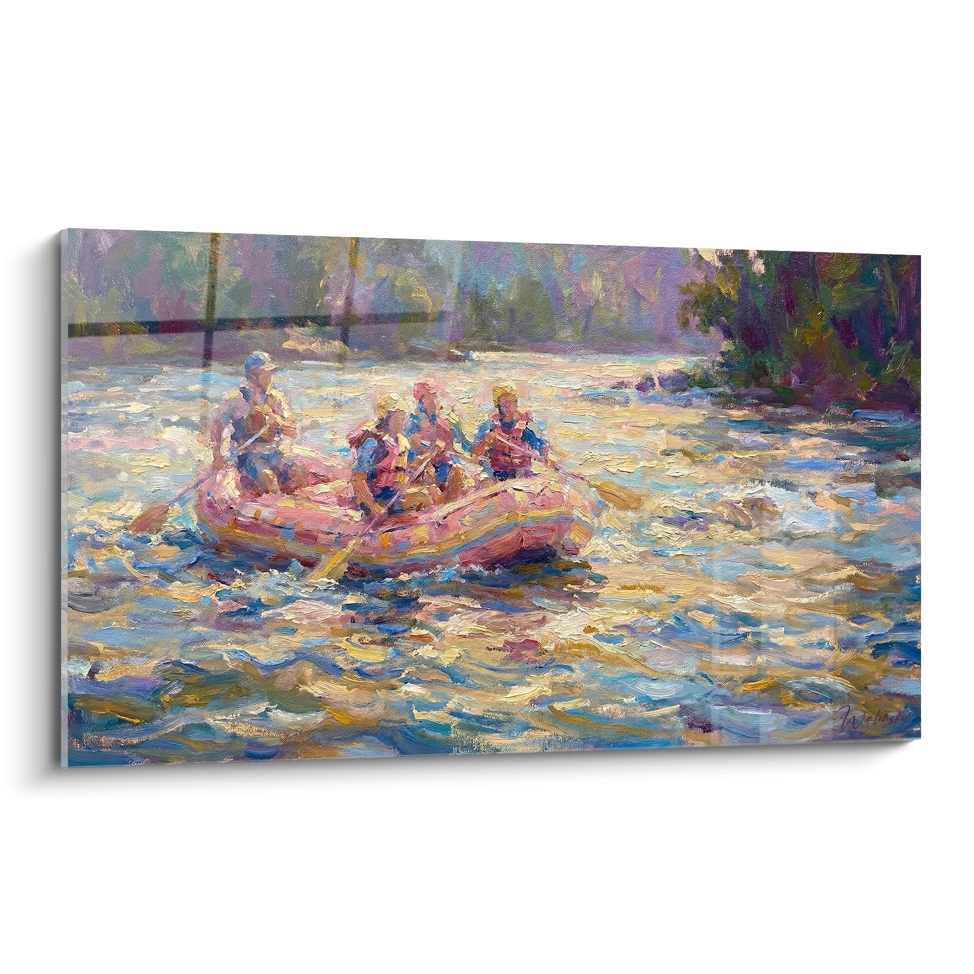 Impressionist rafting painting featuring four adventurers navigating whitewater with golden reflections