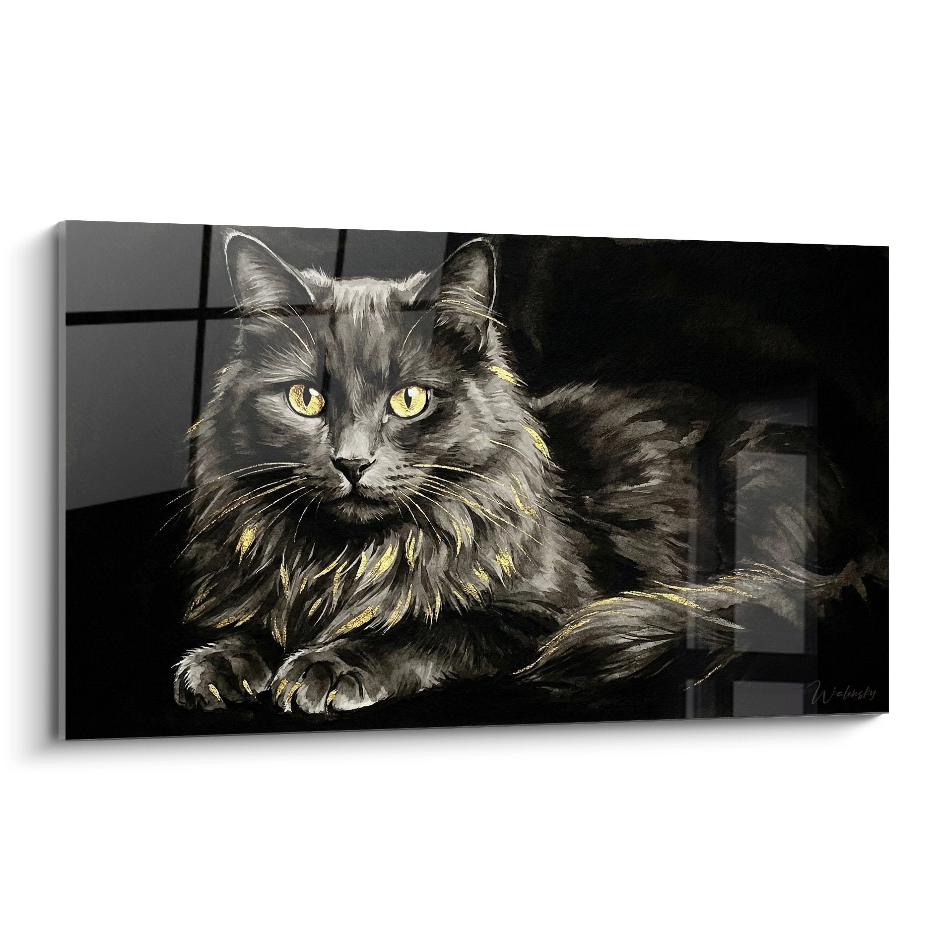 Quadro artistico di un gatto Nebelung grigio con occhi dorati penetranti, pelage setoso, arte murale felina decorativa