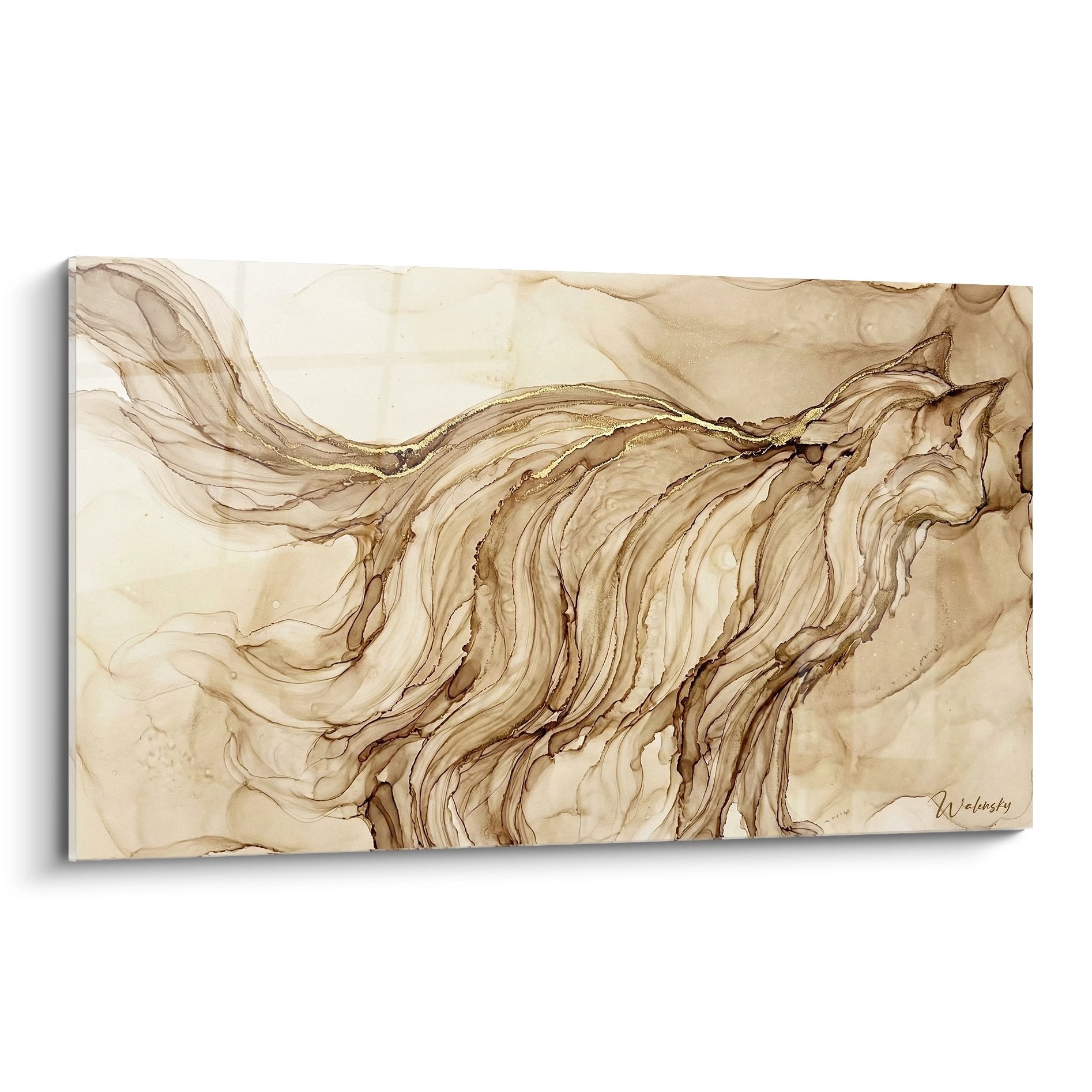 Tableau abstrait aux ondulations fluides beiges et dorees sur toile moderne