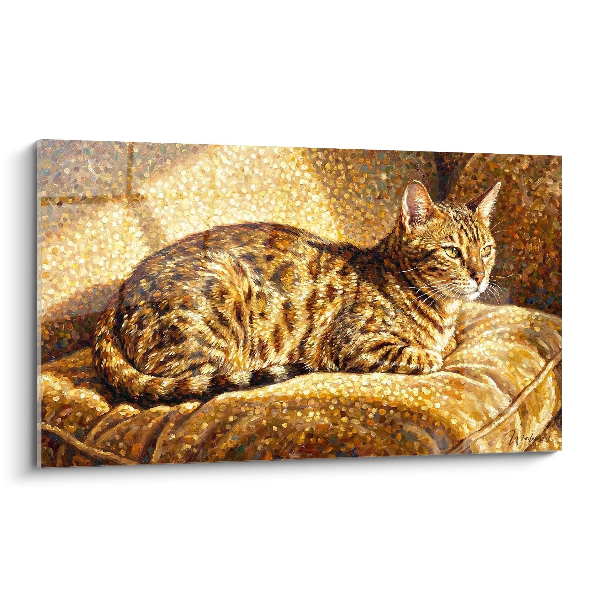 Artistic Bengal cat painting golden stretched on cushion with pointillist effect and warm golden light