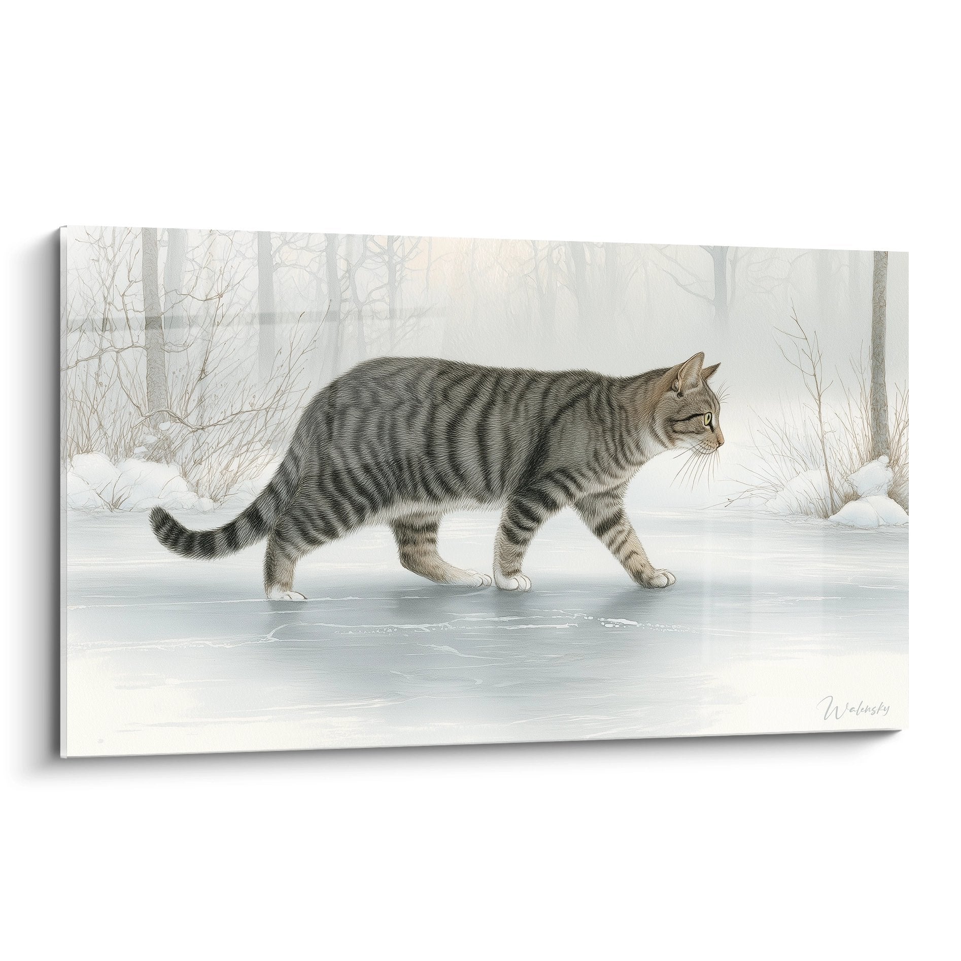 Tableau chat European Shorthair tigré marchant sur glace dans paysage hivernal enneigé avec arbres