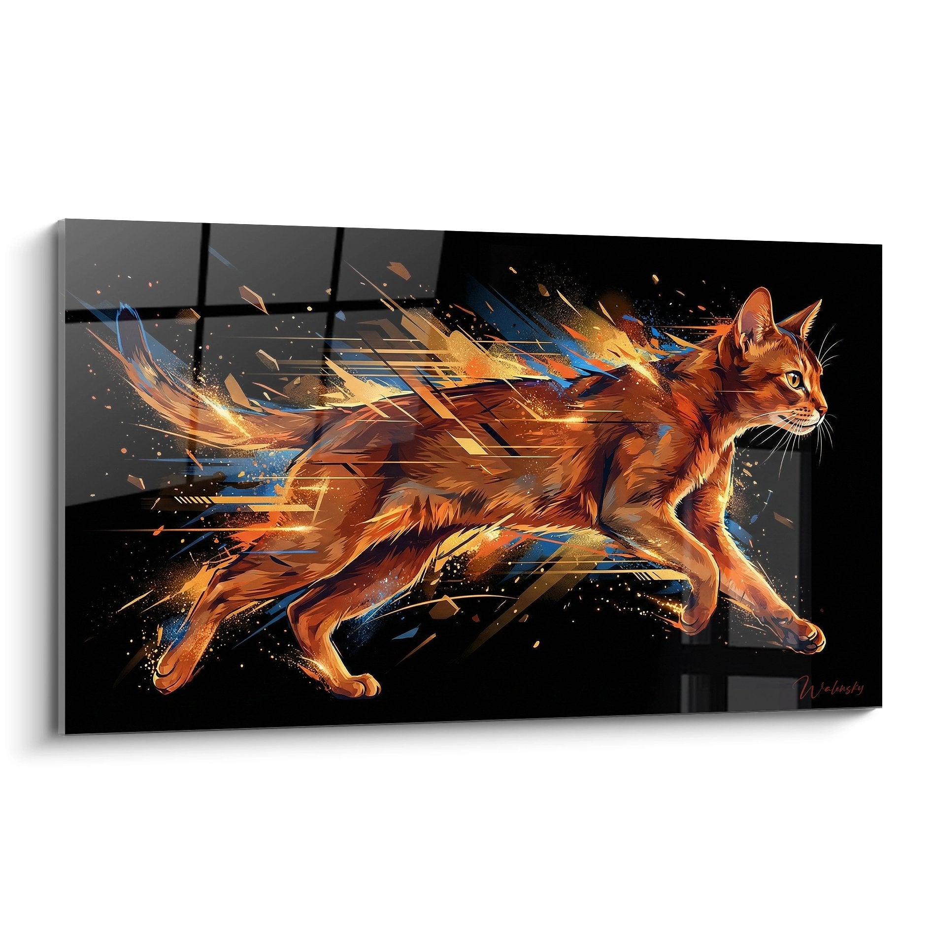 Tableau artistique chat Abyssin roux en mouvement avec effets lumineux dorés et bleus sur fond noir