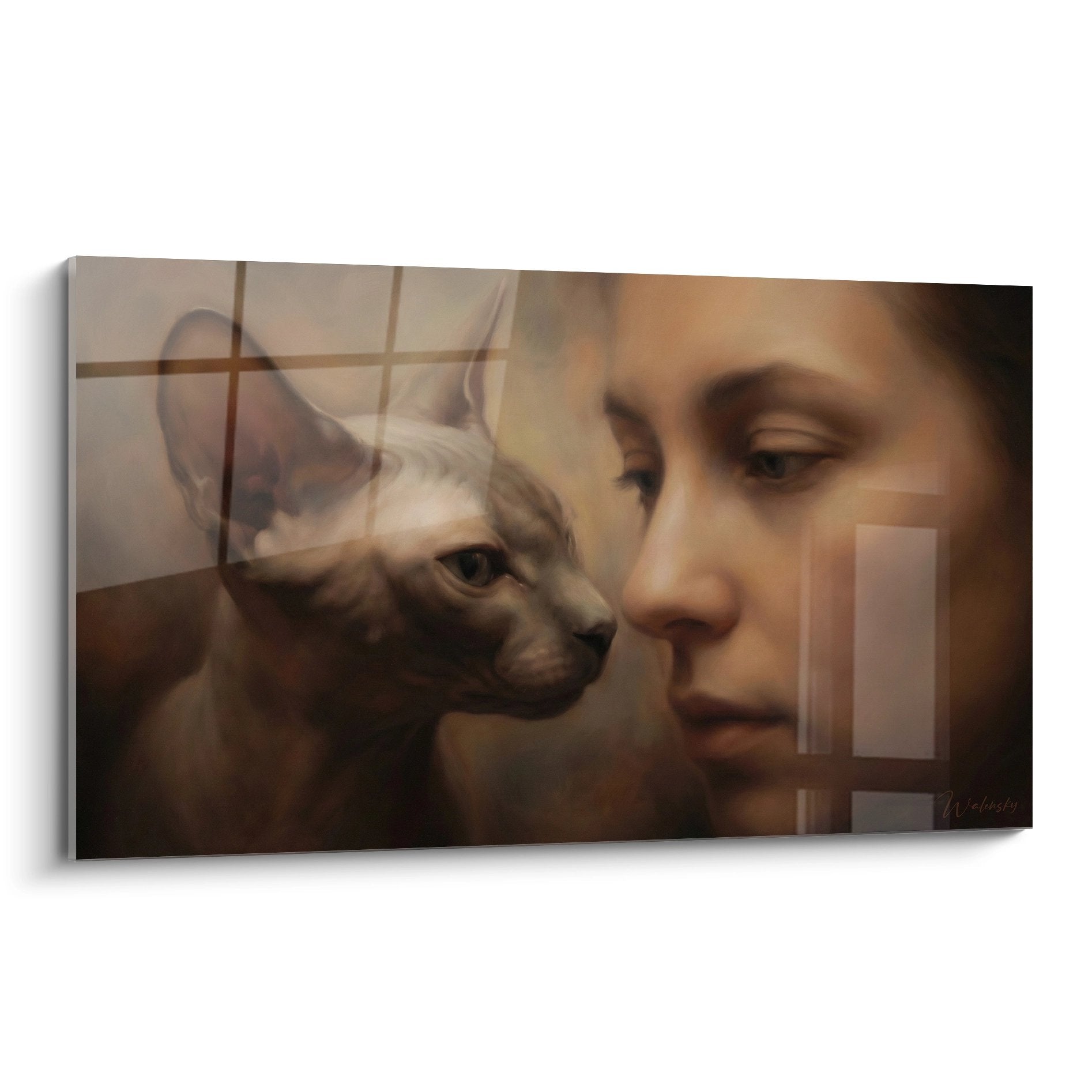 Tableau portrait artistique femme et chat Peterbald avec lignes geometriques dorees sur fond chaud