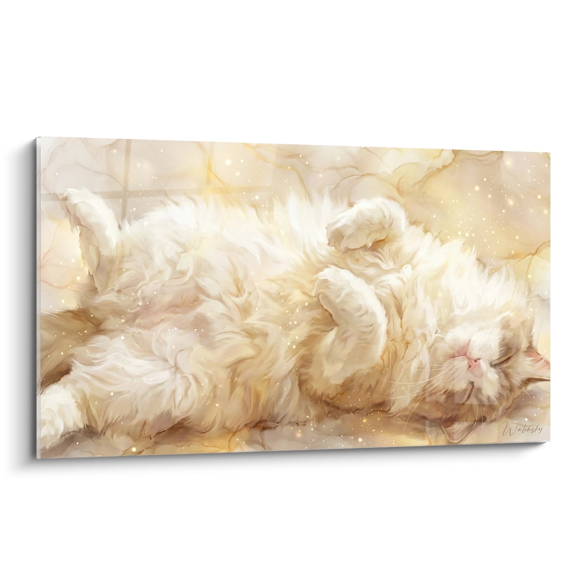 Quadro artistico gatto Ragdoll addormentato con tonalità dorate e crema, mantello setoso, espressione serena, arte murale felina