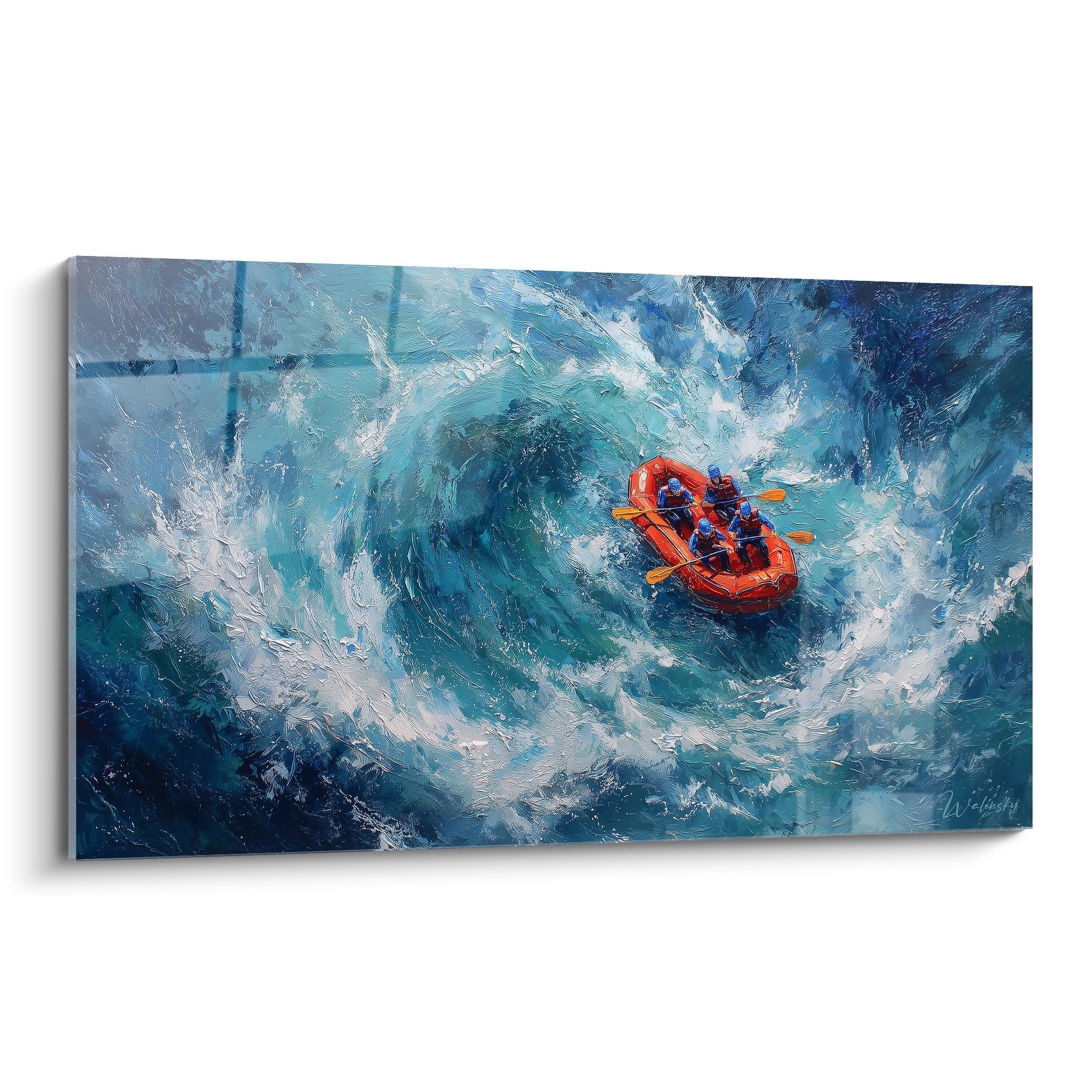 Whitewater rafting wall art featuring orange raft in turquoise whirlpool - adventure mural
