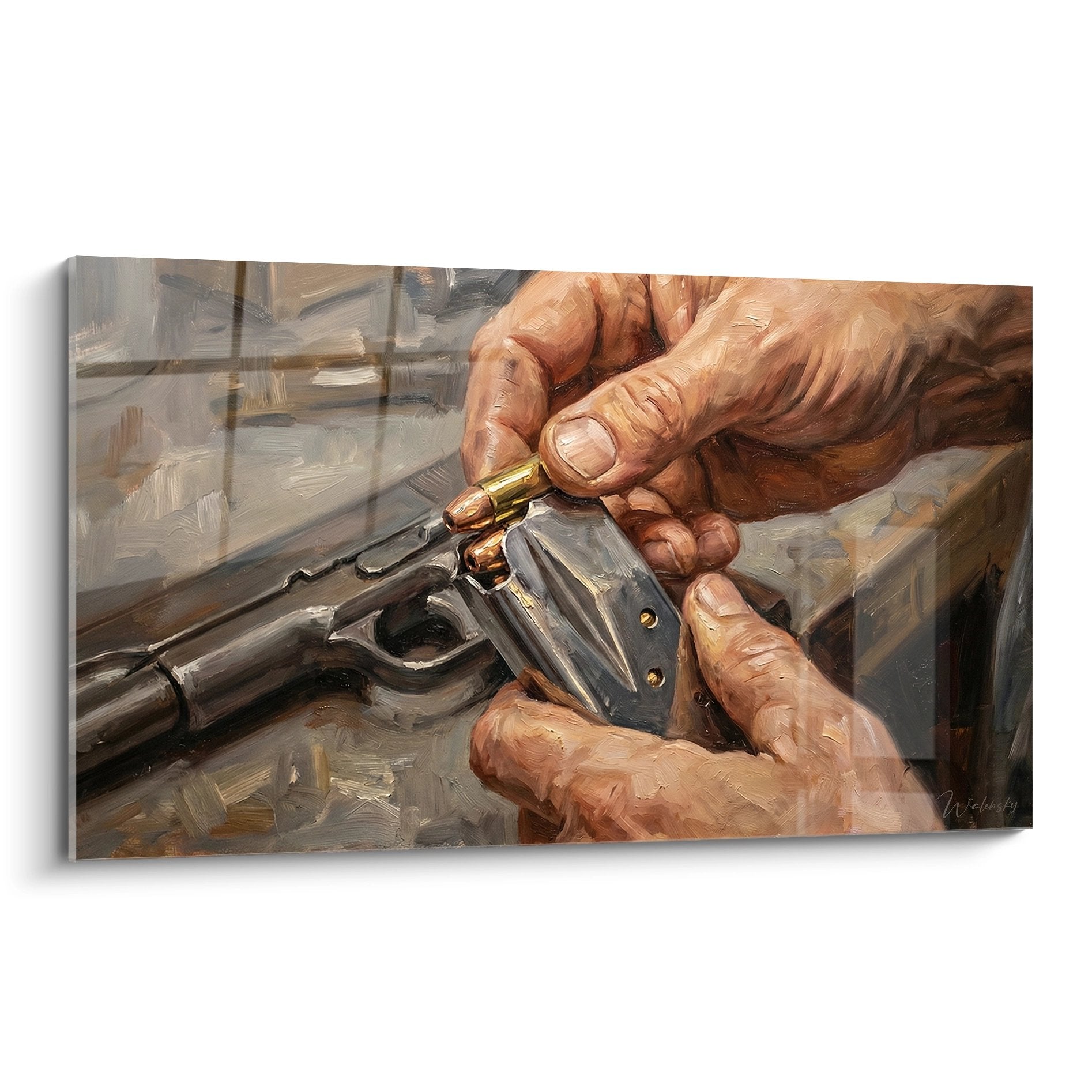 Quadro artistico che mostra mani esperte che ricaricano una pistola con cartucce dorate