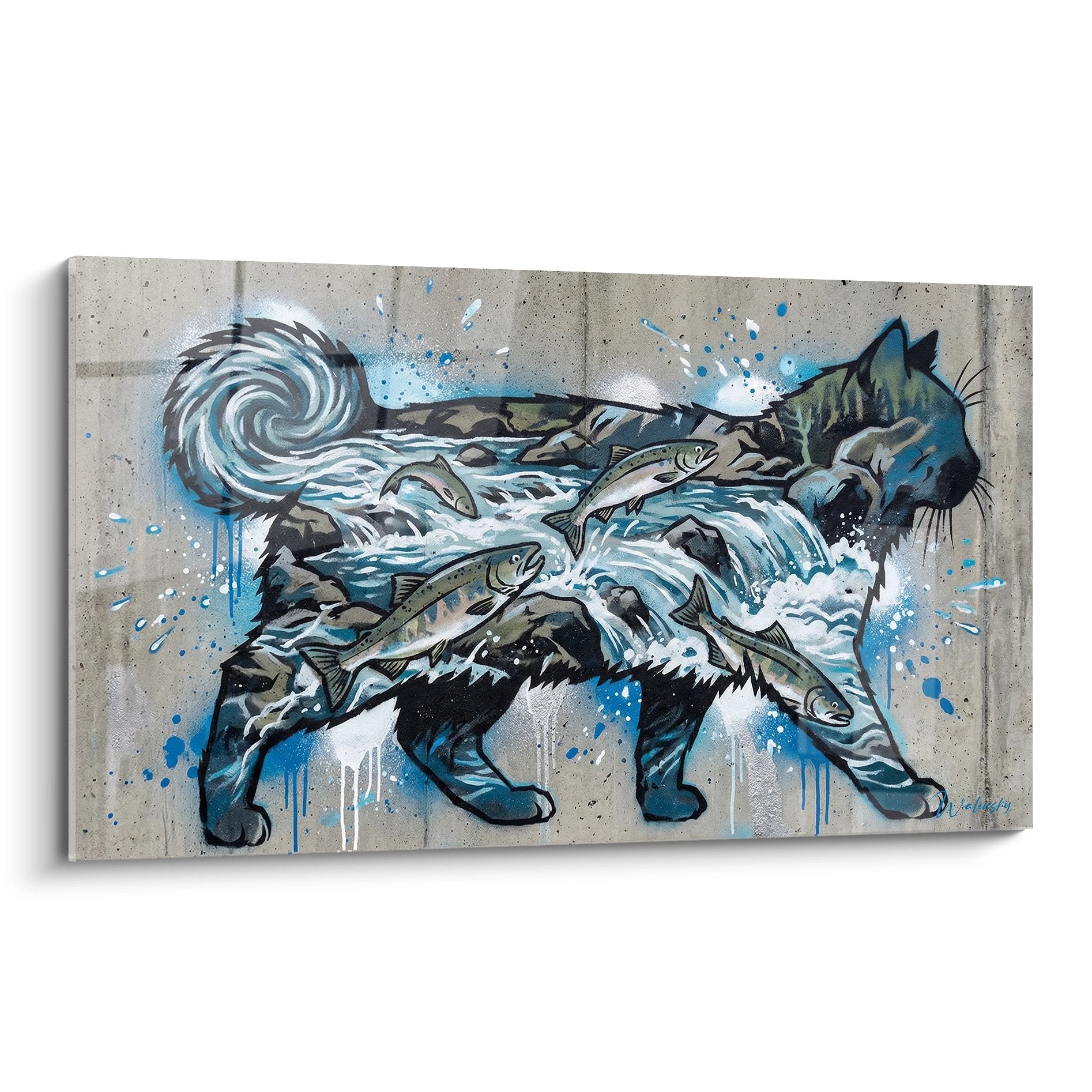 Wall art depicting a stylized cat made of waves and fish in blue tones on a concrete background
