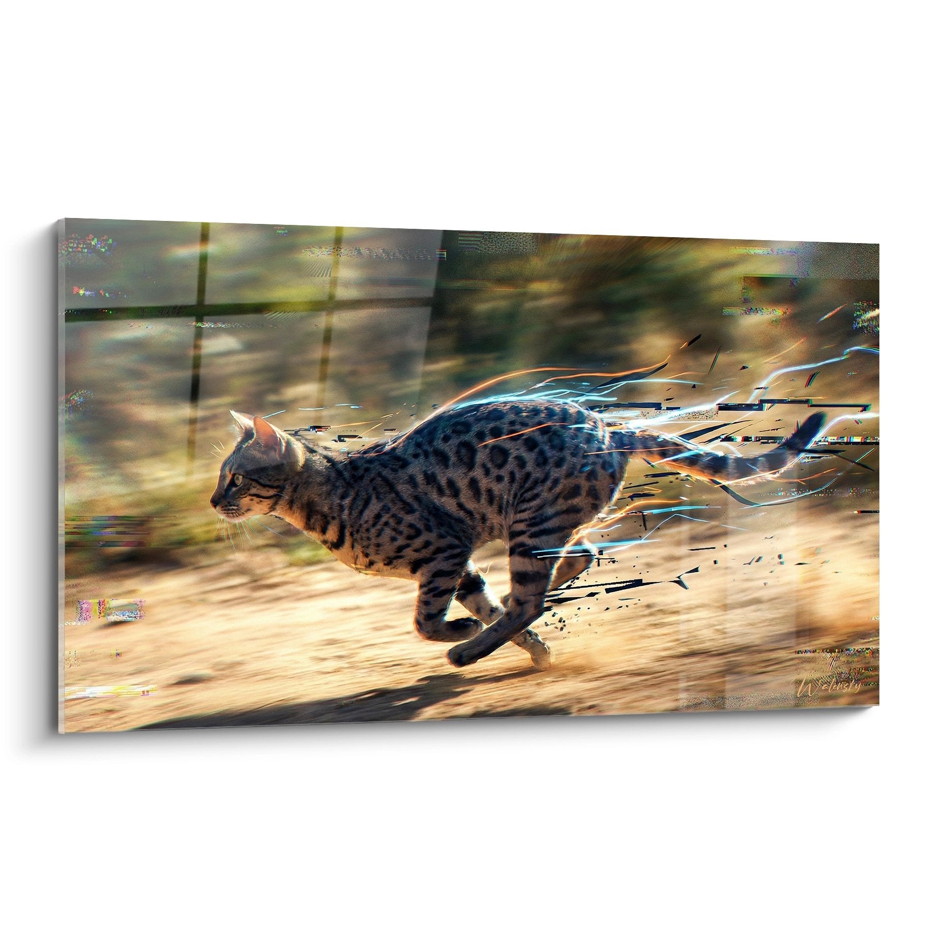 Quadro murale gatto Egyptian Mau in corsa con effetti prismatici su tela moderna