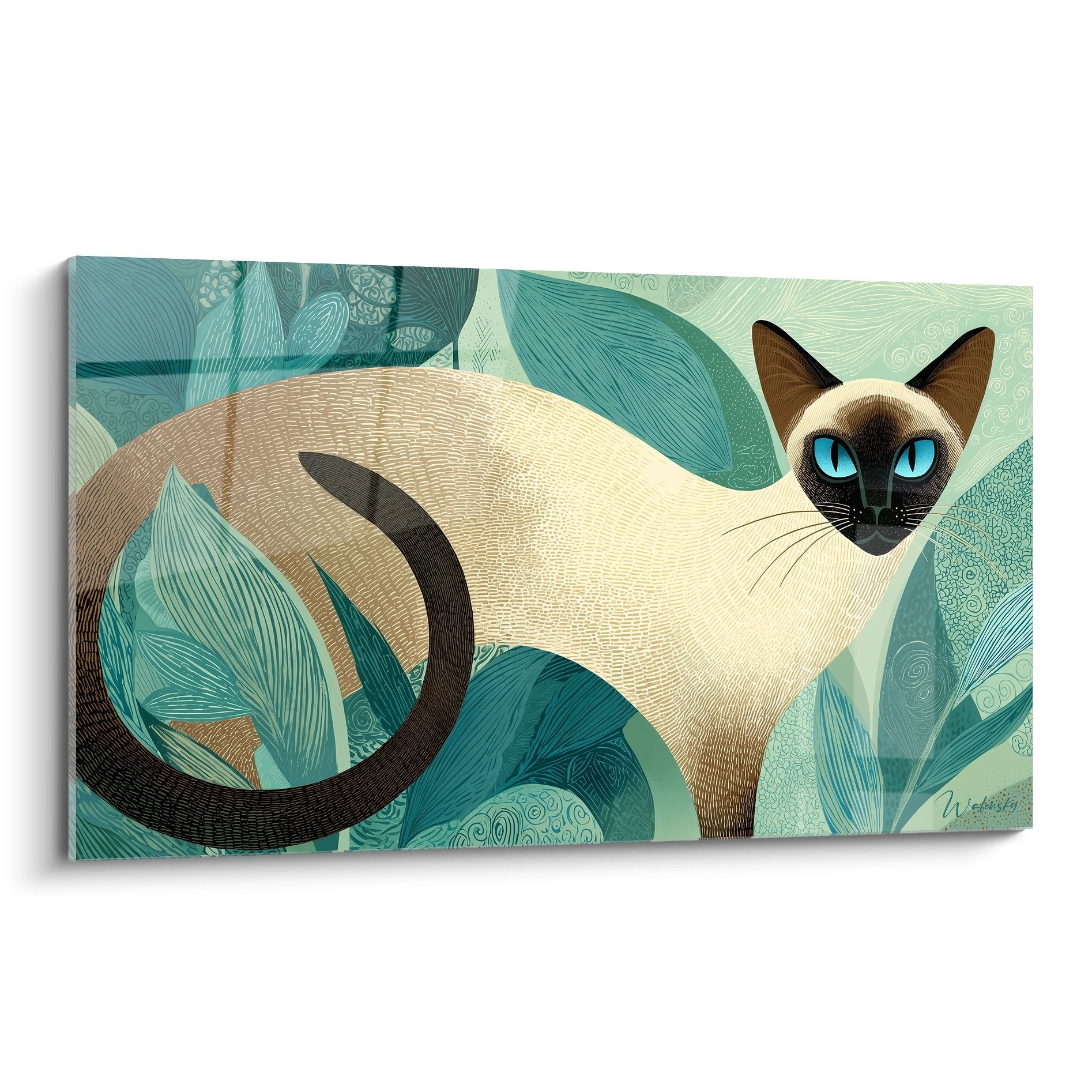 Quadro decorativo gatto siamese con occhi blu in ambiente tropicale con fogliame verde stilizzato