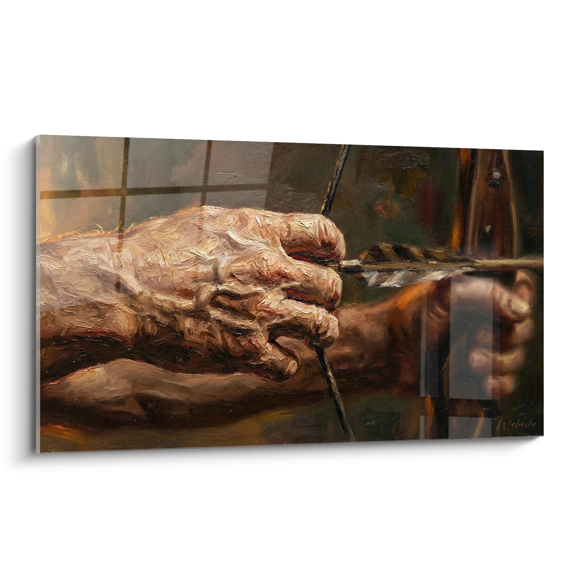 Tableau representant des mains d'artisan au travail avec outil dans atelier traditionnel peinture realiste