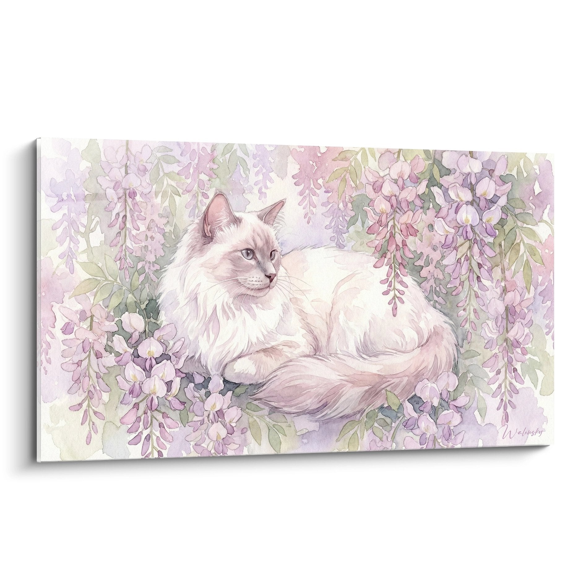 Tableau artistique chat Balinais élégant reposant sous glycines violettes en fleurs, art mural décoratif style aquarelle