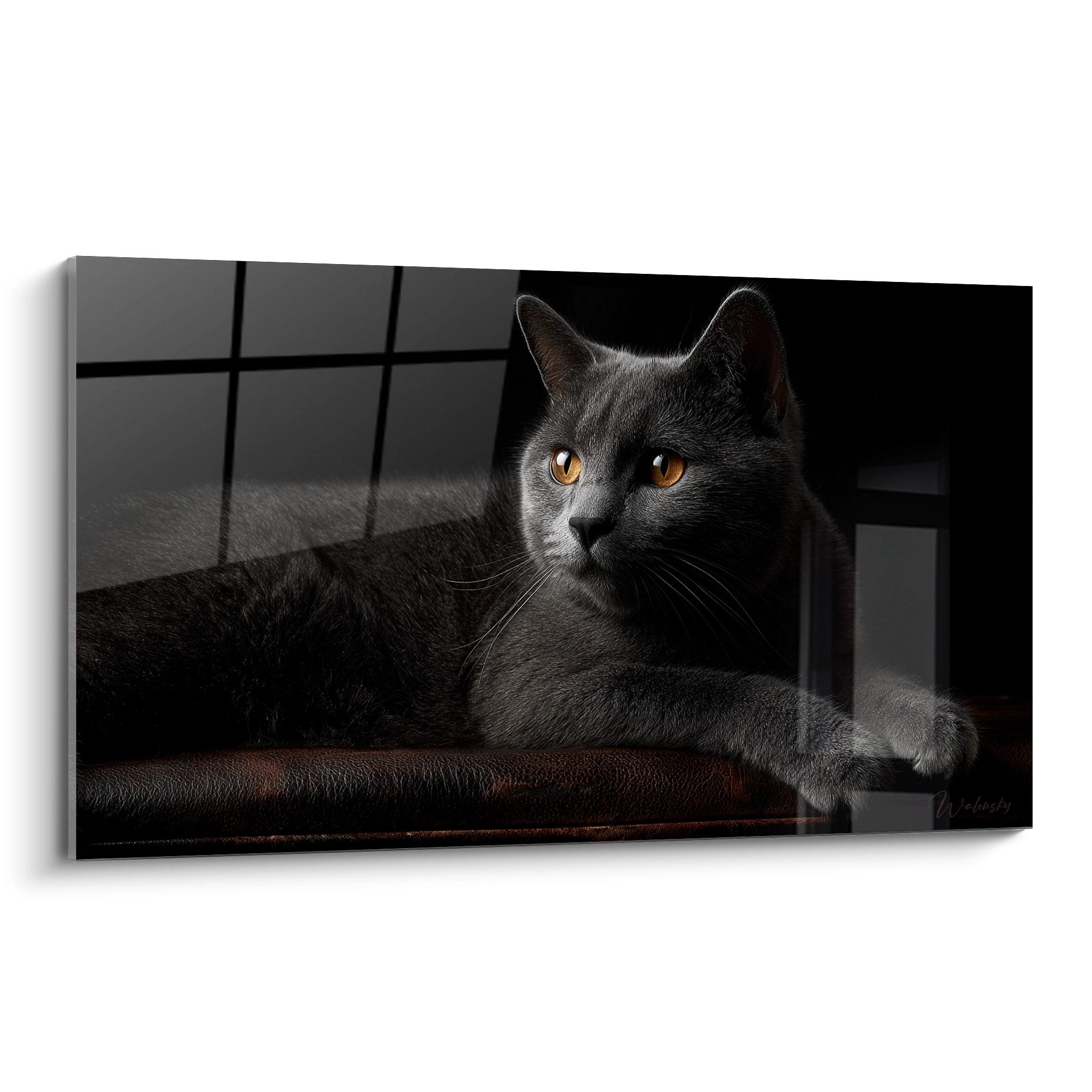 Gemälde grauer Kartäuser-Katze mit goldenen Augen liegend, durchdringender Blick, hochwertiges dekoratives Felinkunstwerk für die Wanddekoration