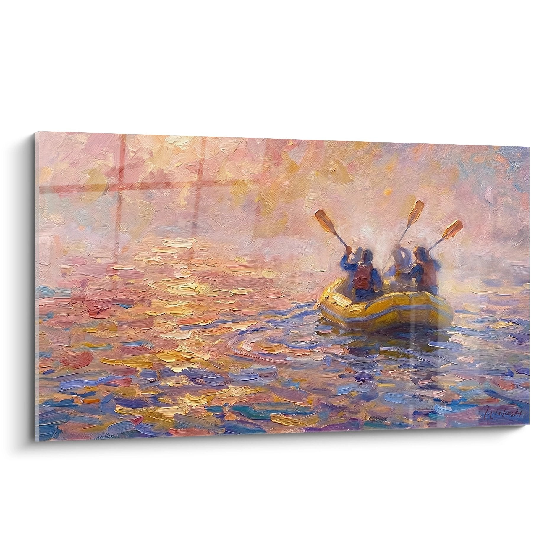 Rafting painting canvas sunset golden waters adventure water sport impressionist wall art decoration