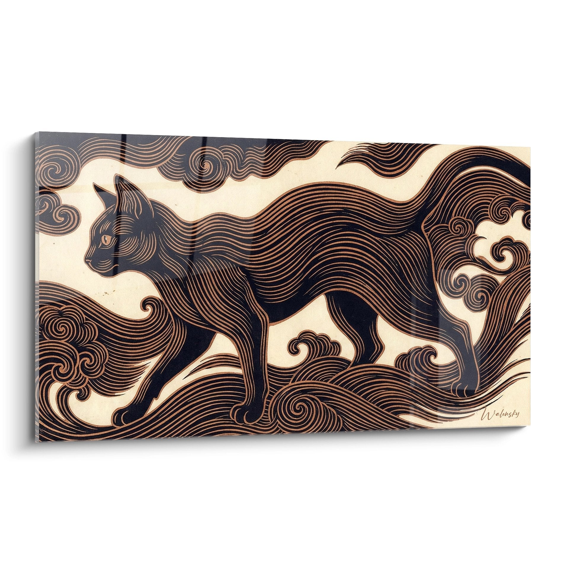 Tableau artistique chat noir aux motifs ornementaux dorés et vagues fluides style décoratif moderne