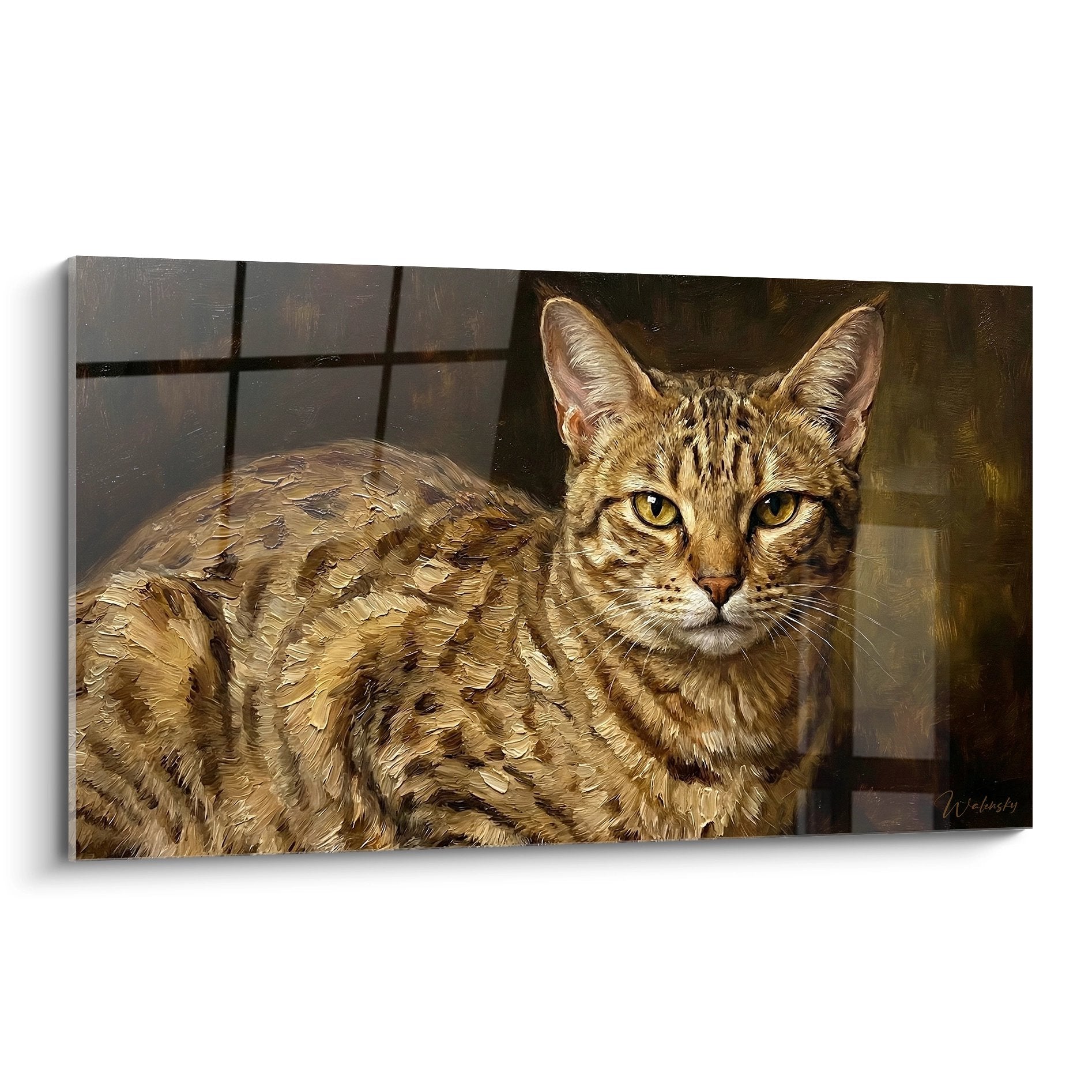 Realistic portrait of an Ocicat with golden eyes and spotted coat, decorative wall art