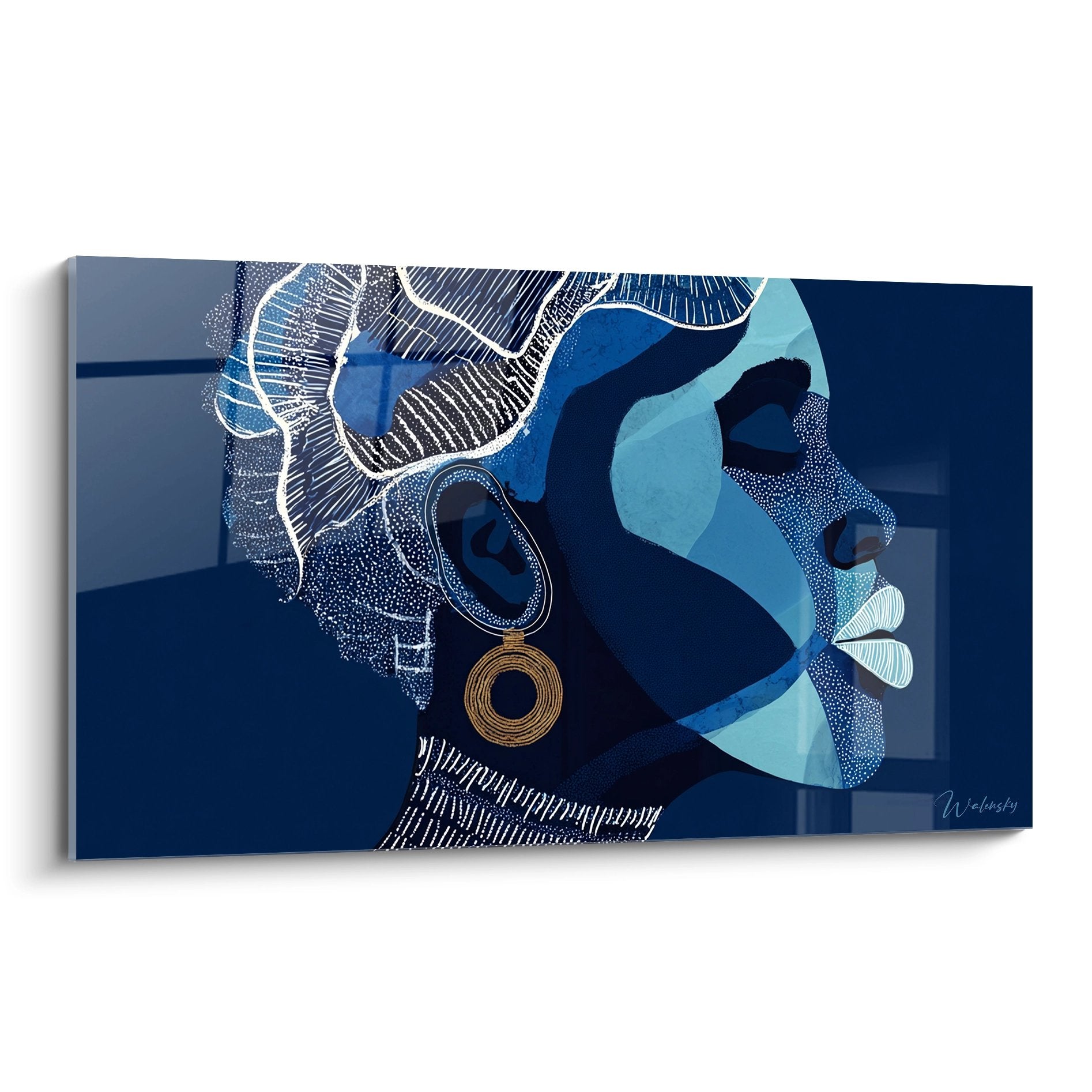 Quadro moderno che rappresenta un profilo africano in sfumature di blu con motivi geometrici contemporanei