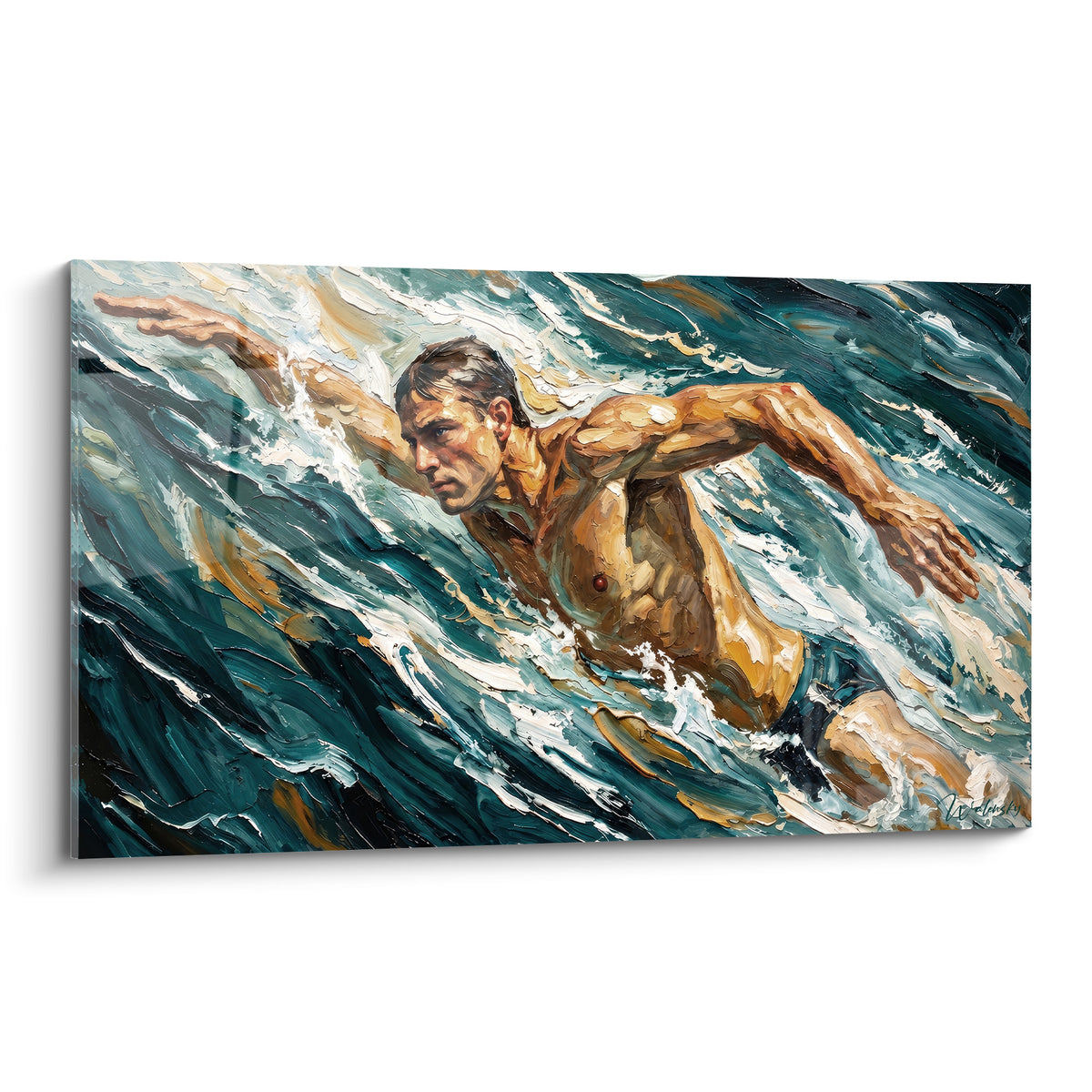 Tableau peinture nageur en action dans l'eau, style expressif aux tons bleus et dorés, art natation moderne